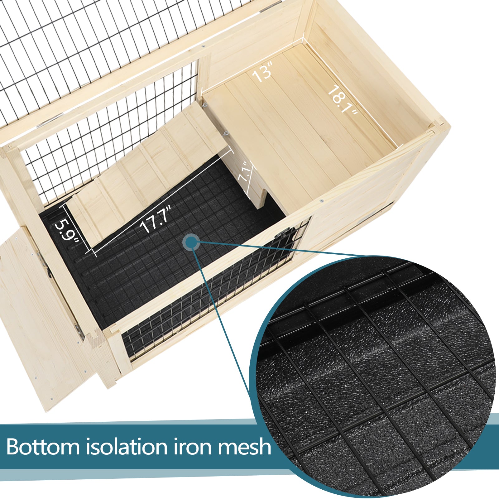 Wooden rabbit hutch with ramp and black wire mesh bottom for small pets
