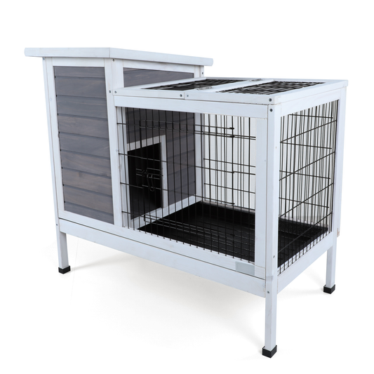 White and gray wooden outdoor dog kennel with two compartments
