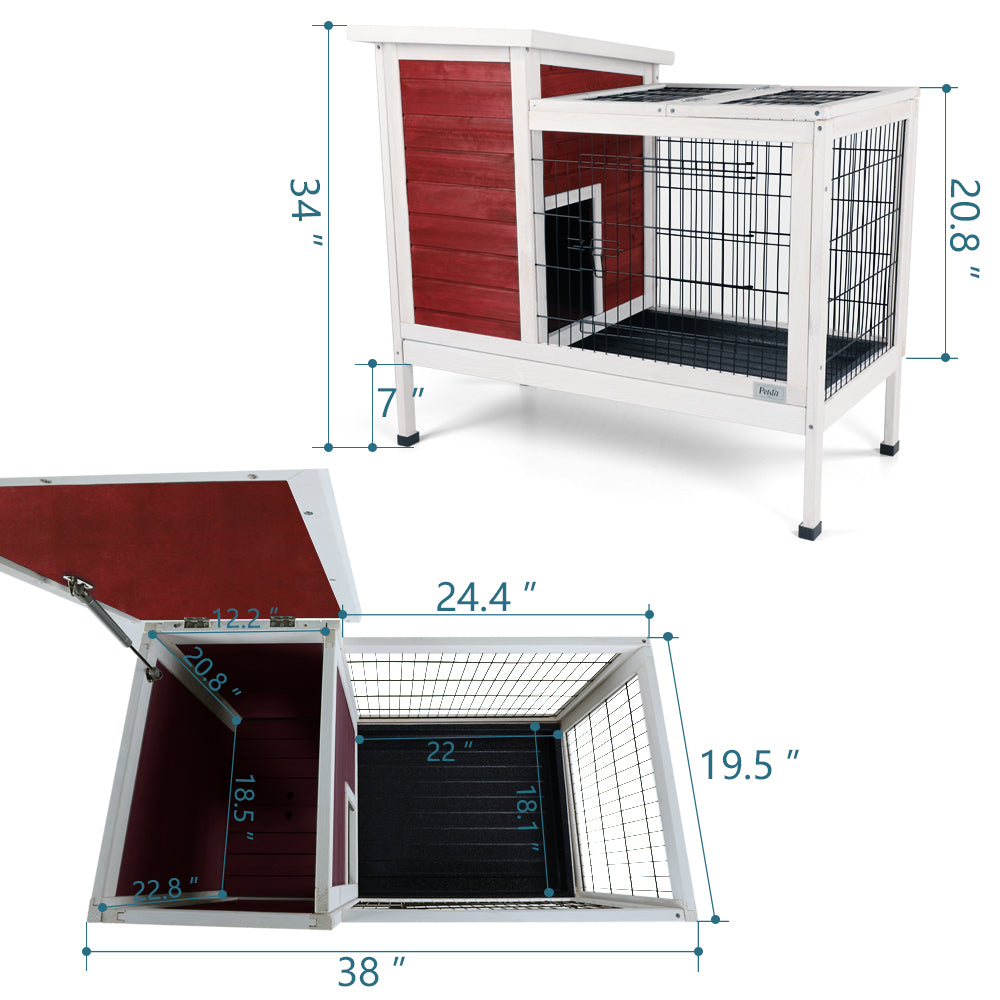 Twotier red and white wooden bunny hutch with wire cage and open top for pet access