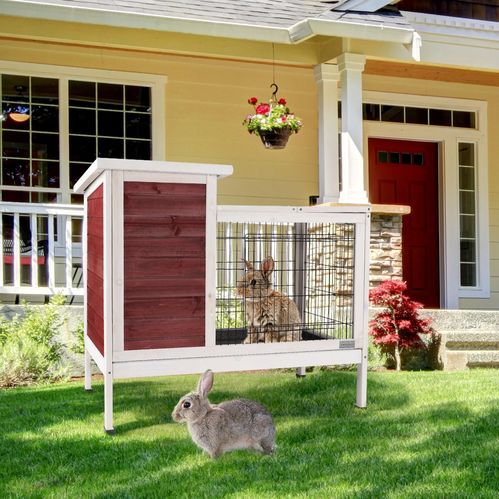 Wooden twostory rabbit hutch with a redbrown wood design featuring two rabbits
