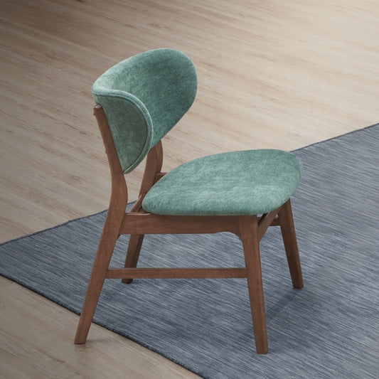 Teal upholstered dining chair with a curved back and solid wood frame