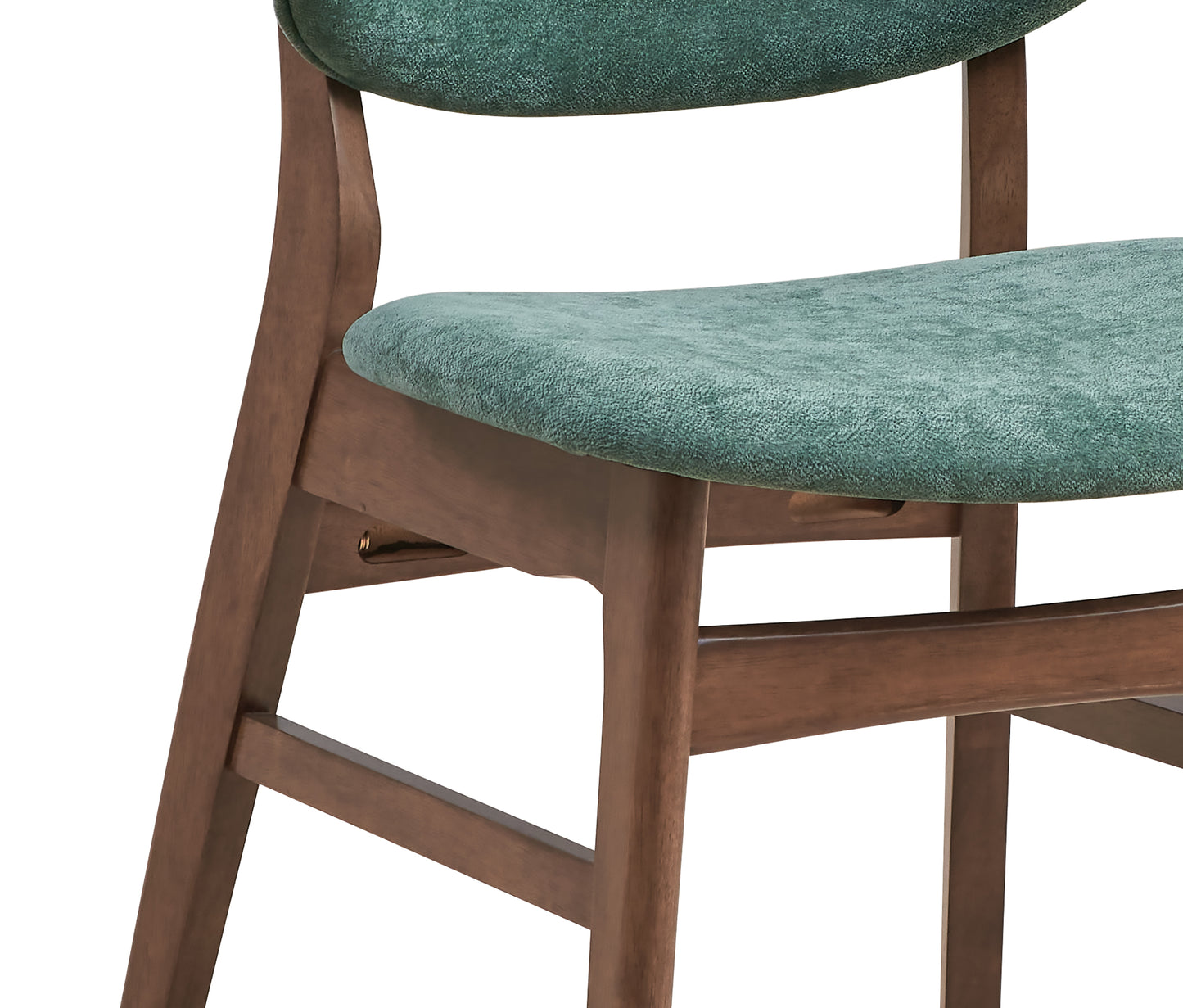 Teal fabric upholstered dining chair with a warm walnut wood frame and minimalist design