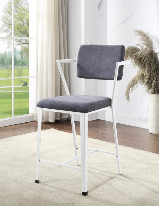 Grey upholstered counter stool with white metal frame and arms modern design for kitchens