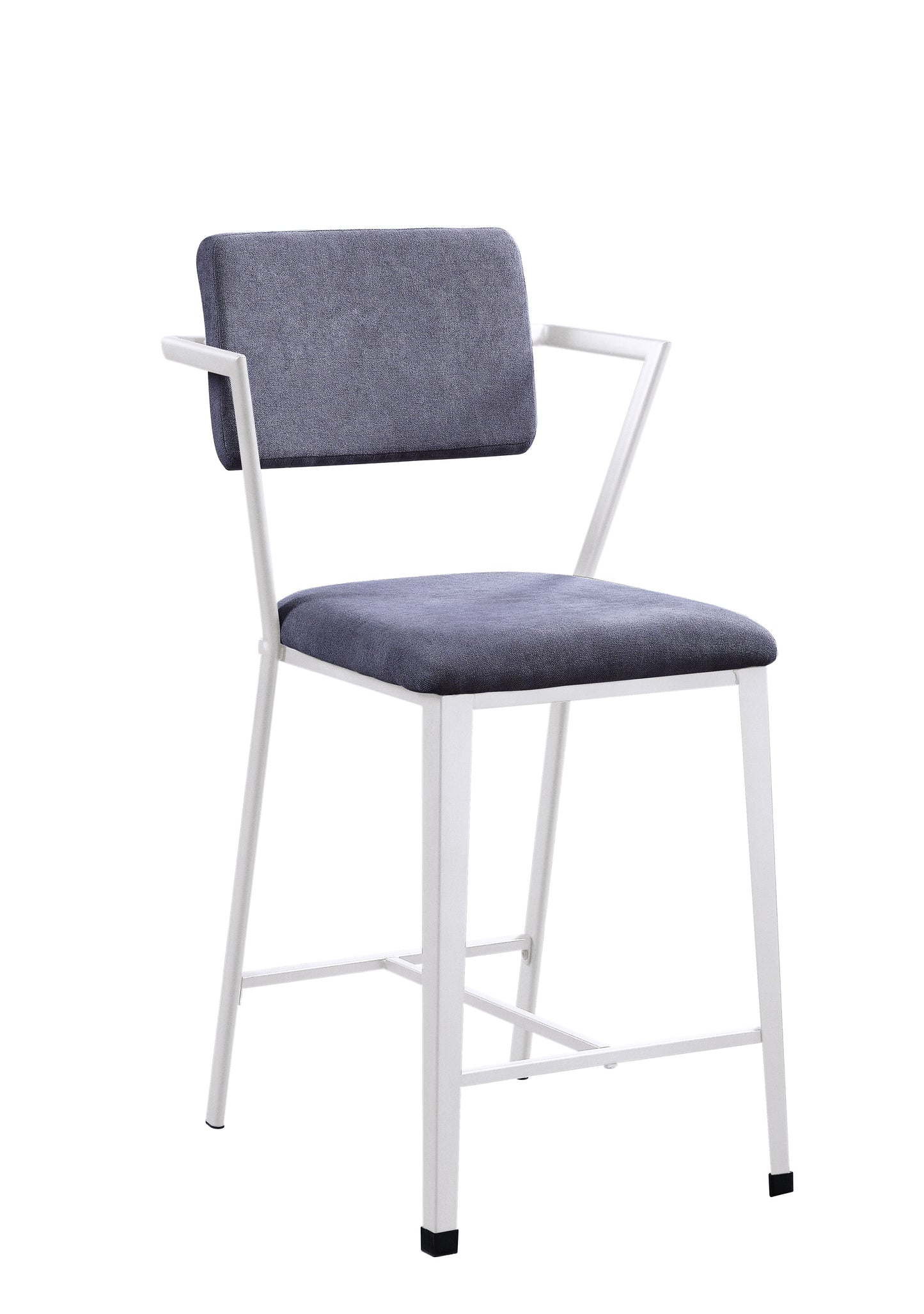 Modern counter stool with dark gray fabric seat and back on white metal frame