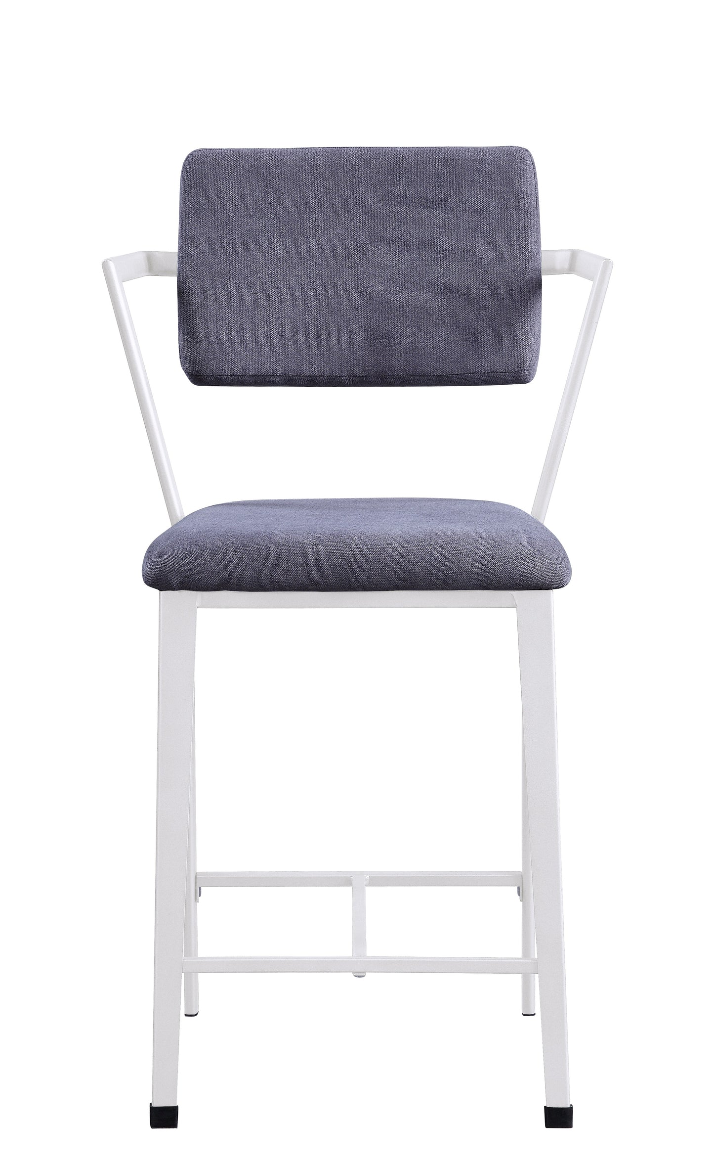 Grey fabric counter stool with white metal frame and arms