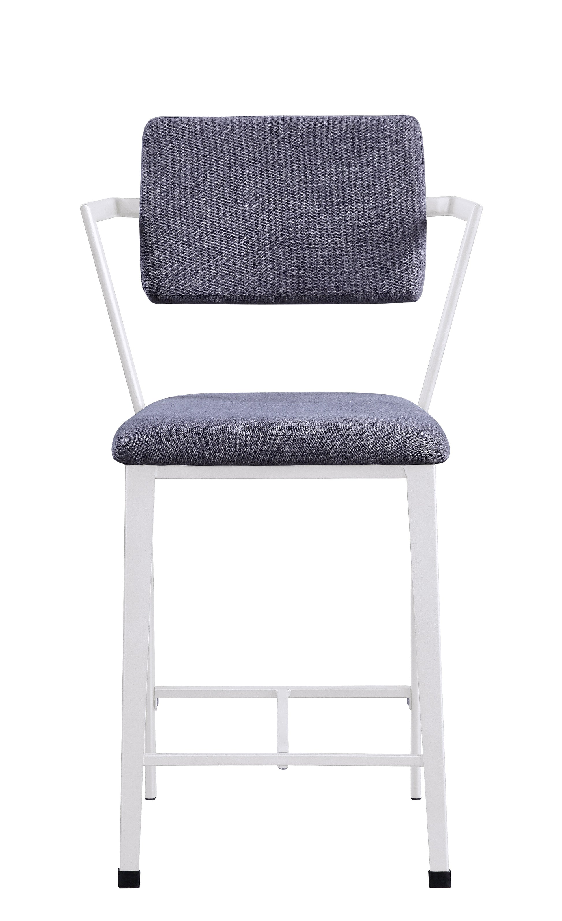 Grey fabric counter stool with white metal frame and arms