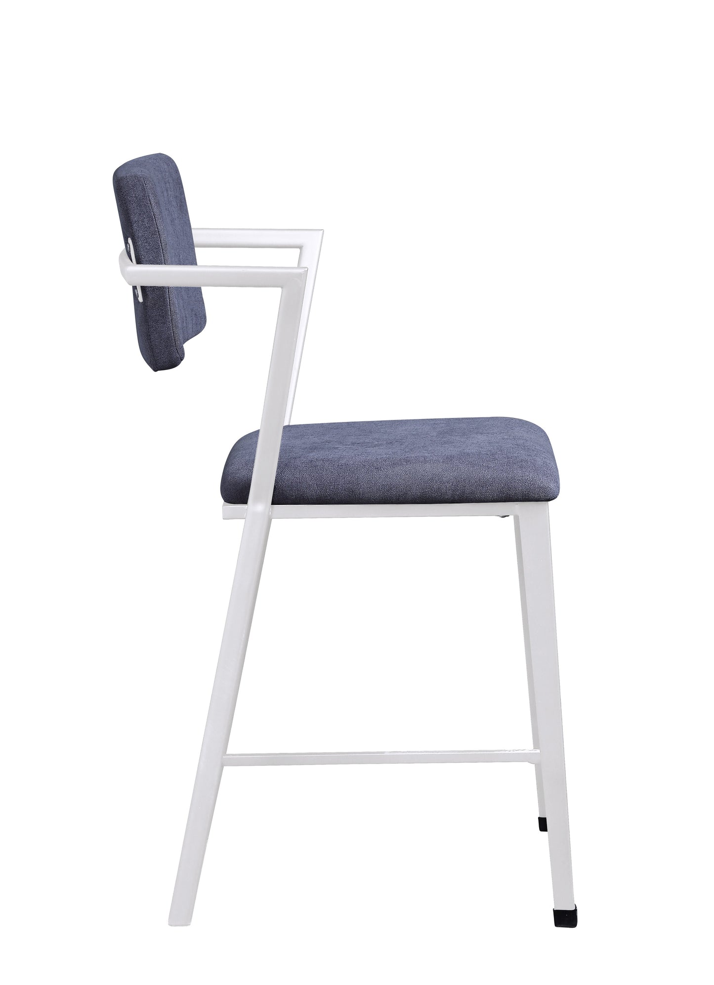 Modern bar stool with upholstered dark blue seat and back on a white frame