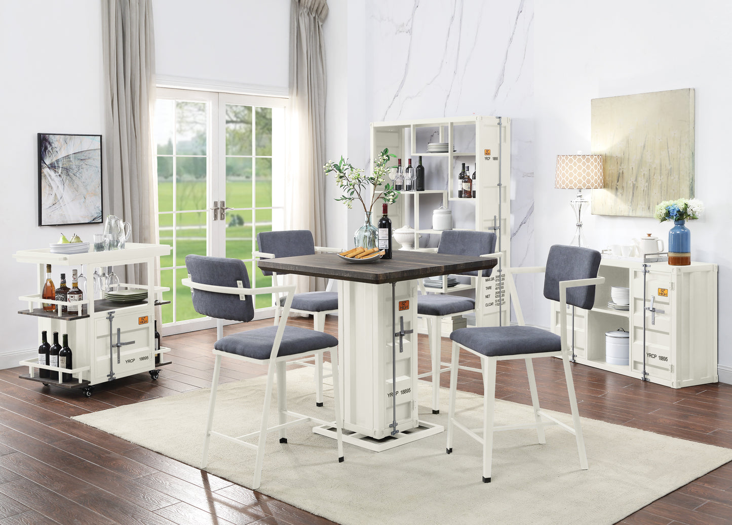 Industrialstyle bar stool with dark gray upholstery and white metal frame perfect for a home bar