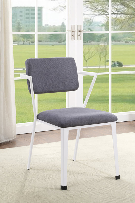 Modern upholstered dining chair with charcoal grey fabric seat and backrest on white metal frame