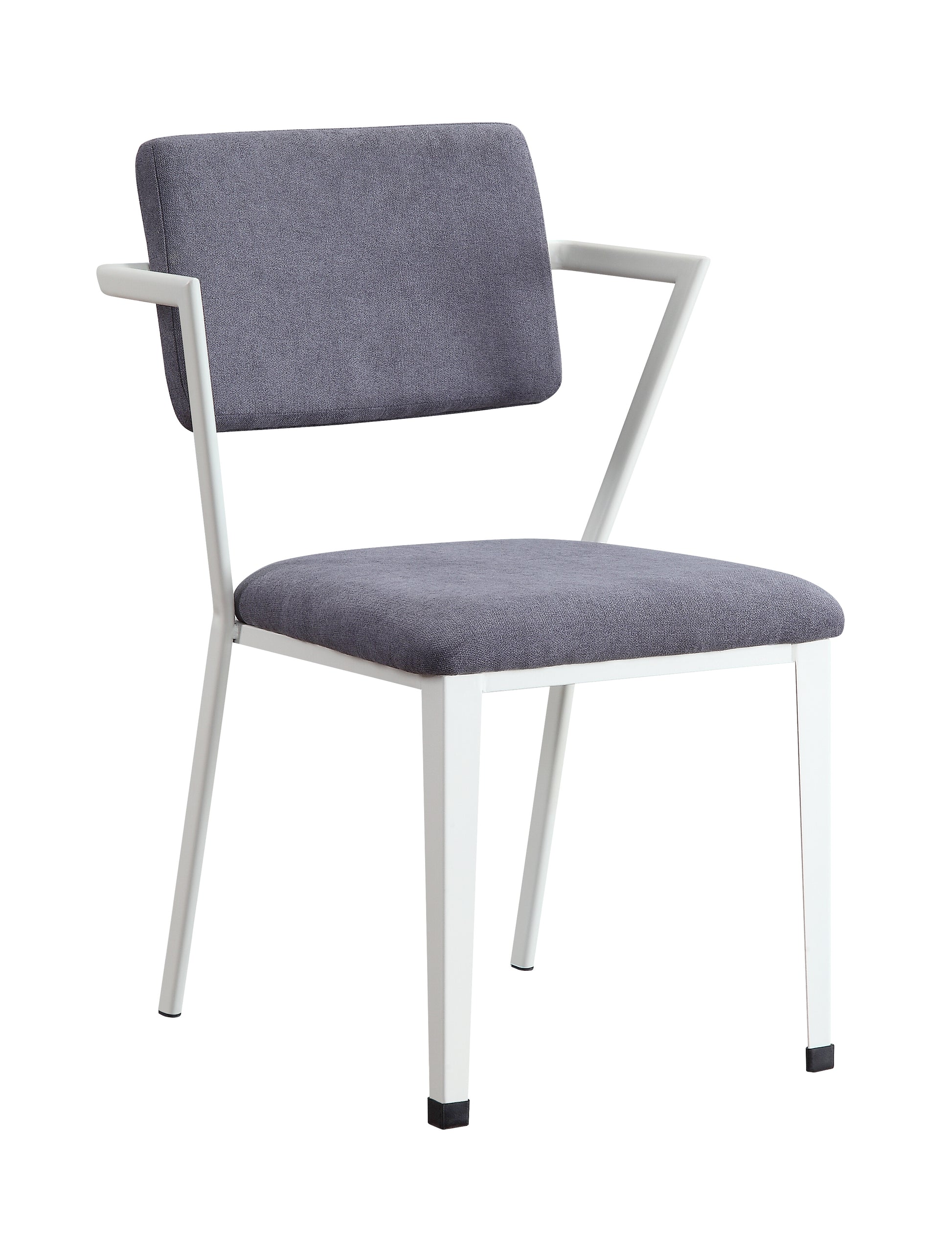 Grey upholstered dining chair with white metal frame and arms