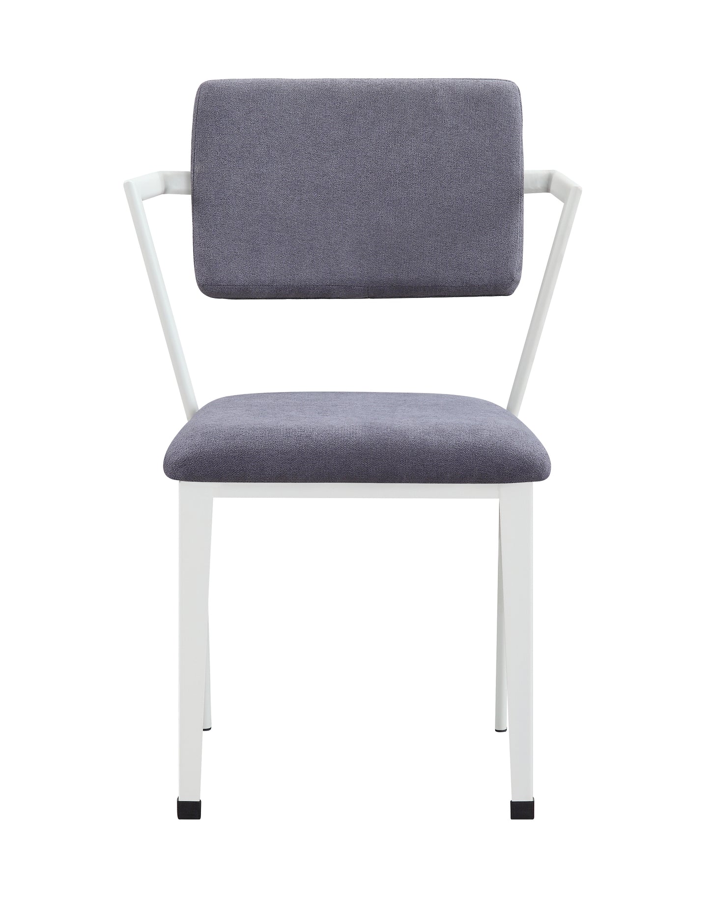 Modern grey fabric chair with white metal frame and armrests