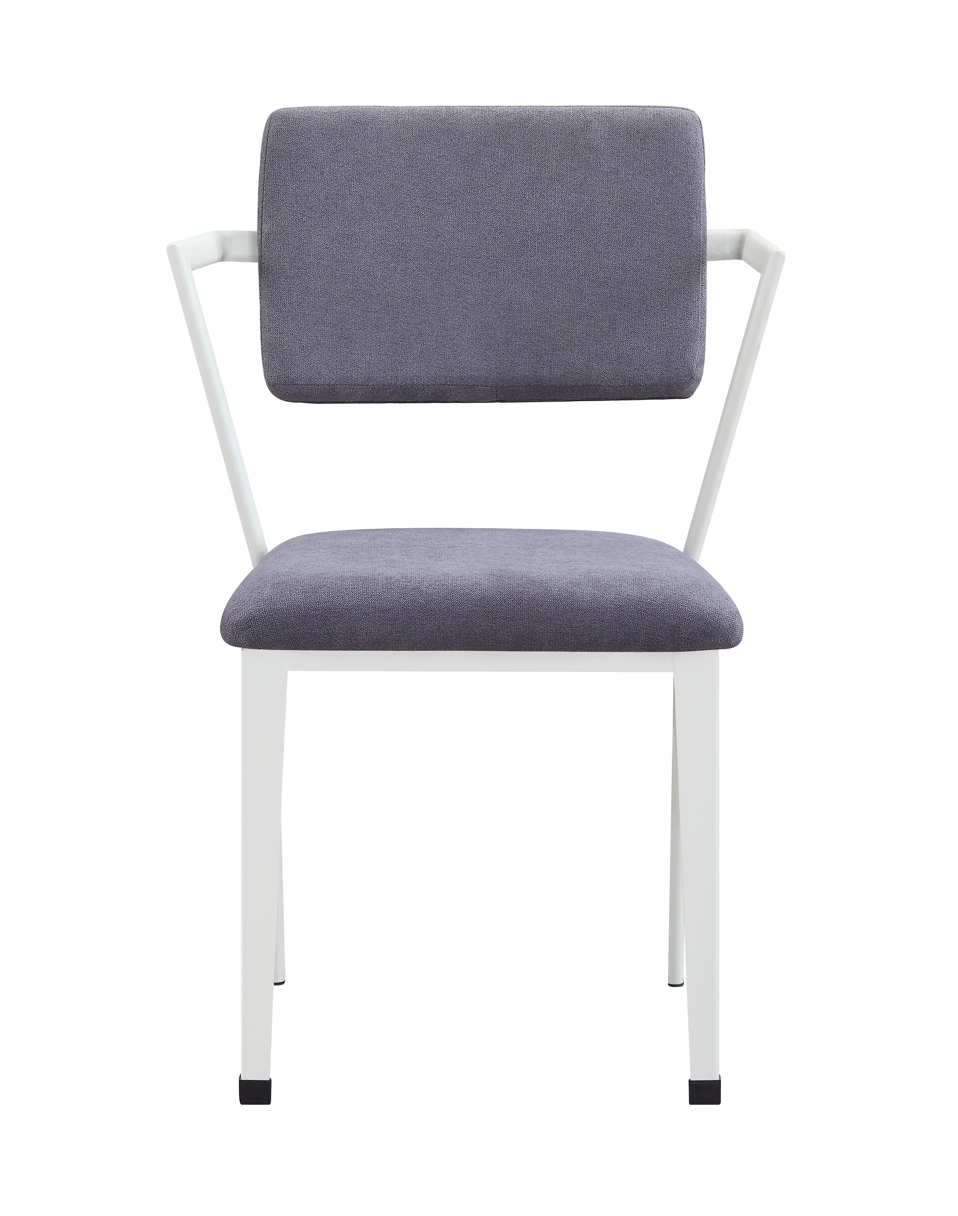 Modern grey fabric chair with white metal frame and armrests