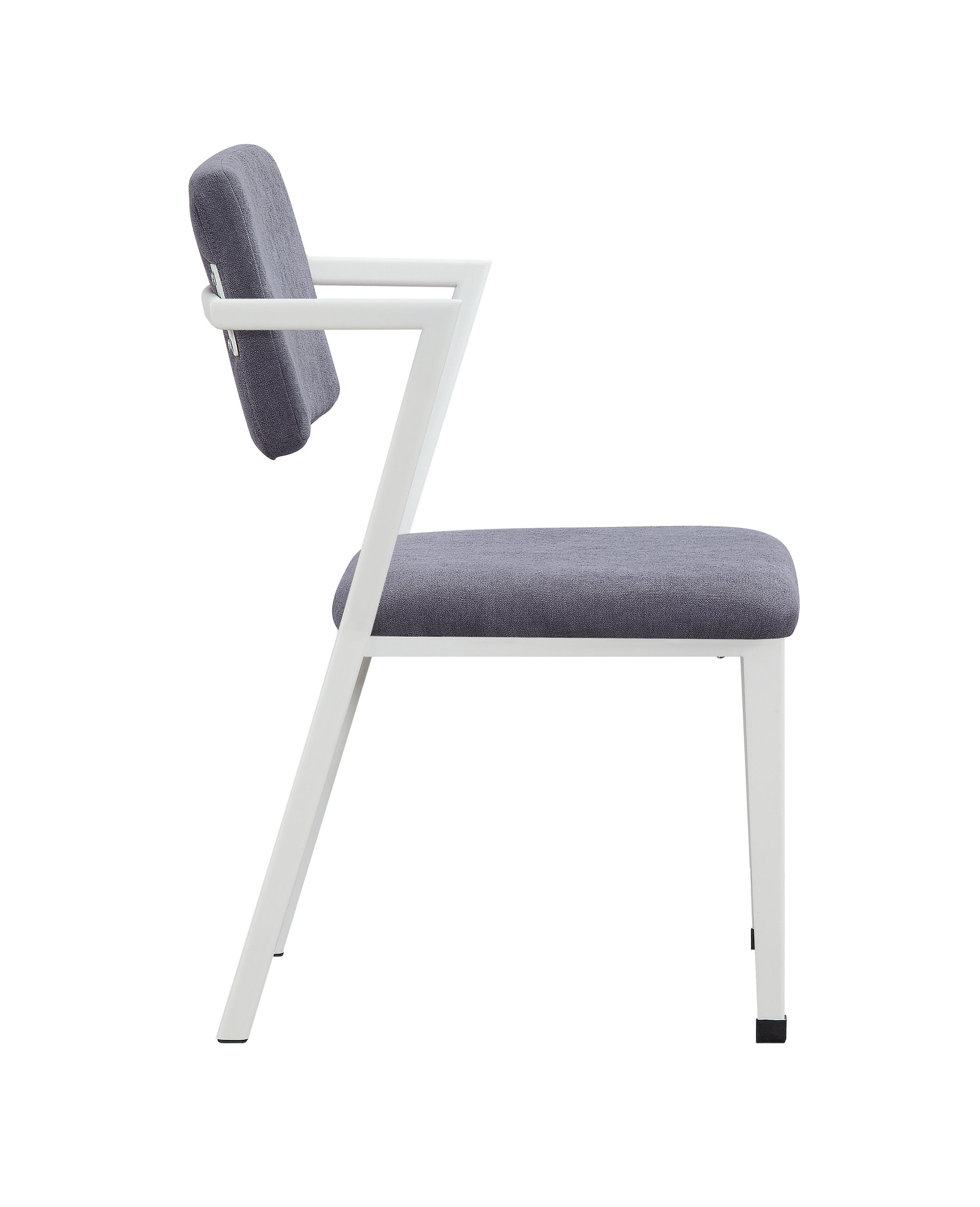 Modern gray upholstered armchair with white metal frame