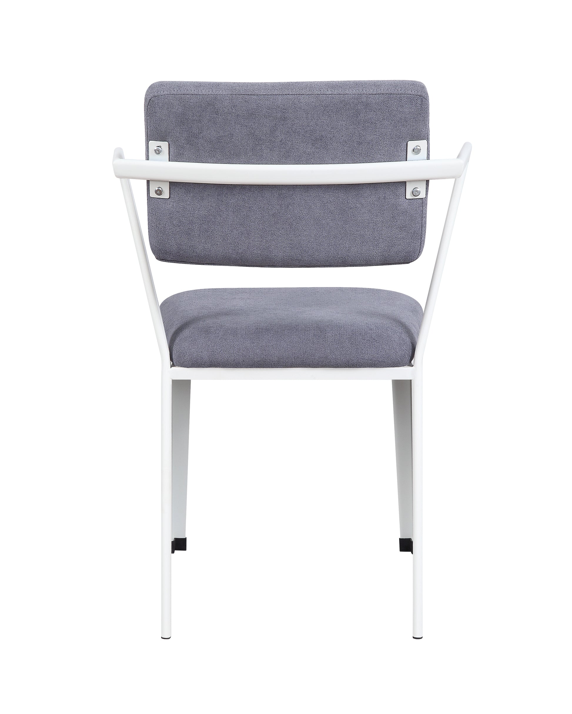 Gray upholstered dining chair with white metal frame and arms