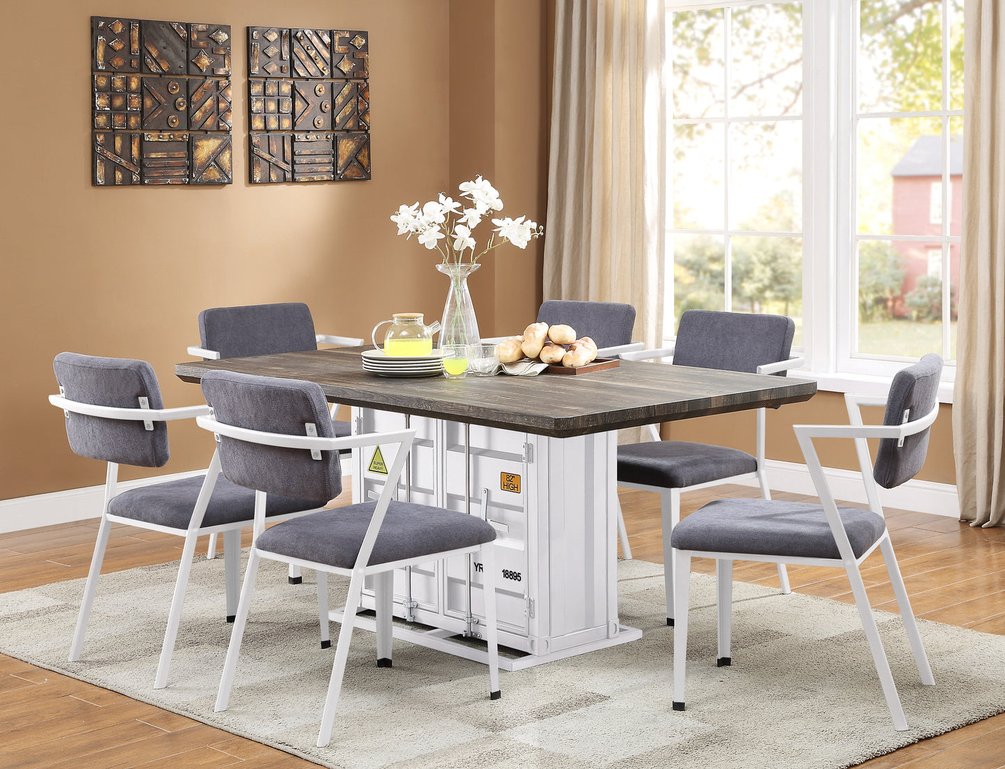 Industrial dining set with dark wood table and grey upholstered chairs