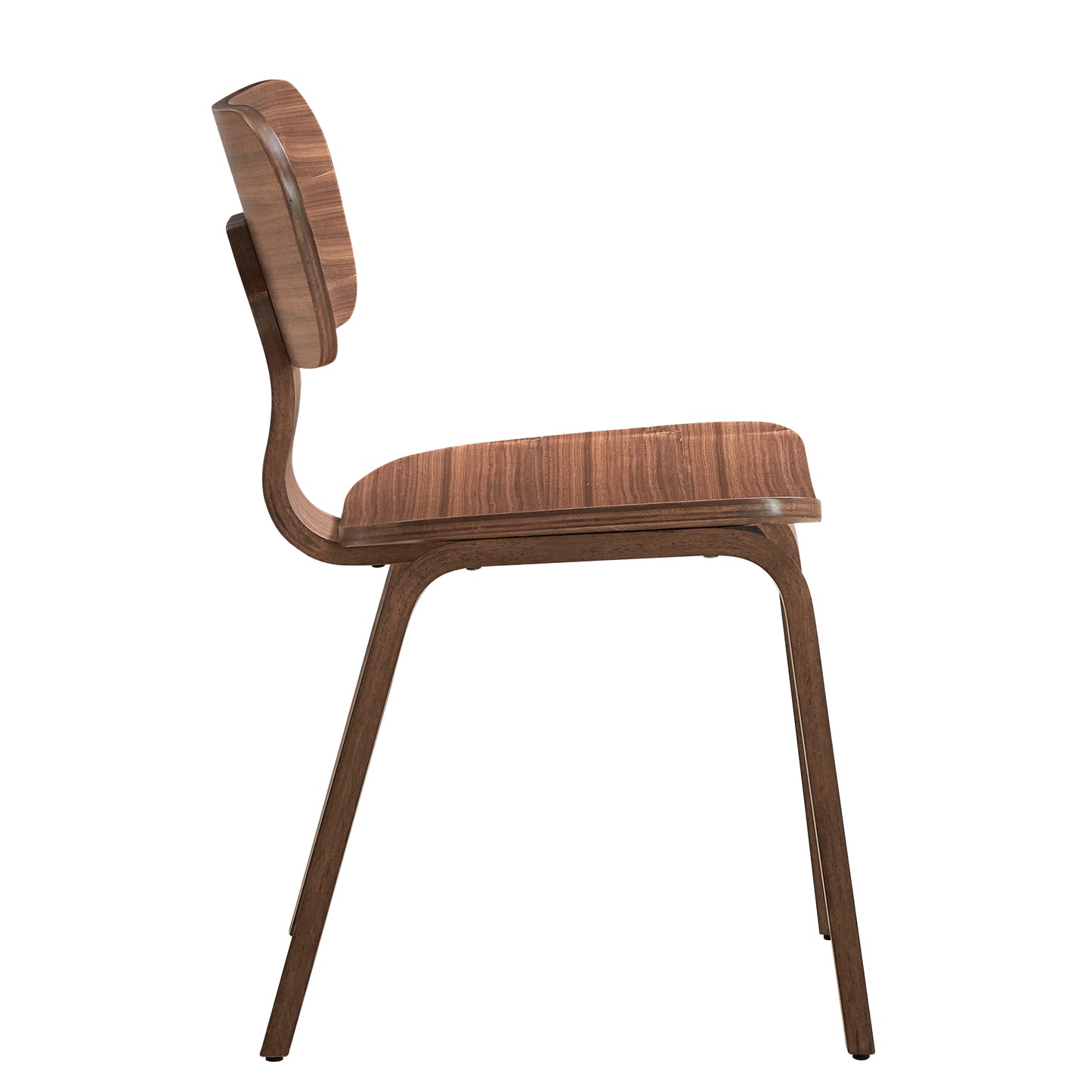 Midcentury modern walnut veneer dining chair with curved back and slim metal legs