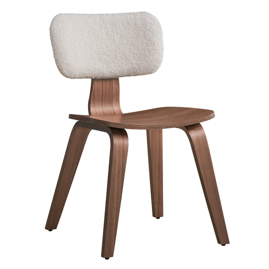 Modern curved wooden chair with a fluffy white boucle seat and back for contemporary living spaces