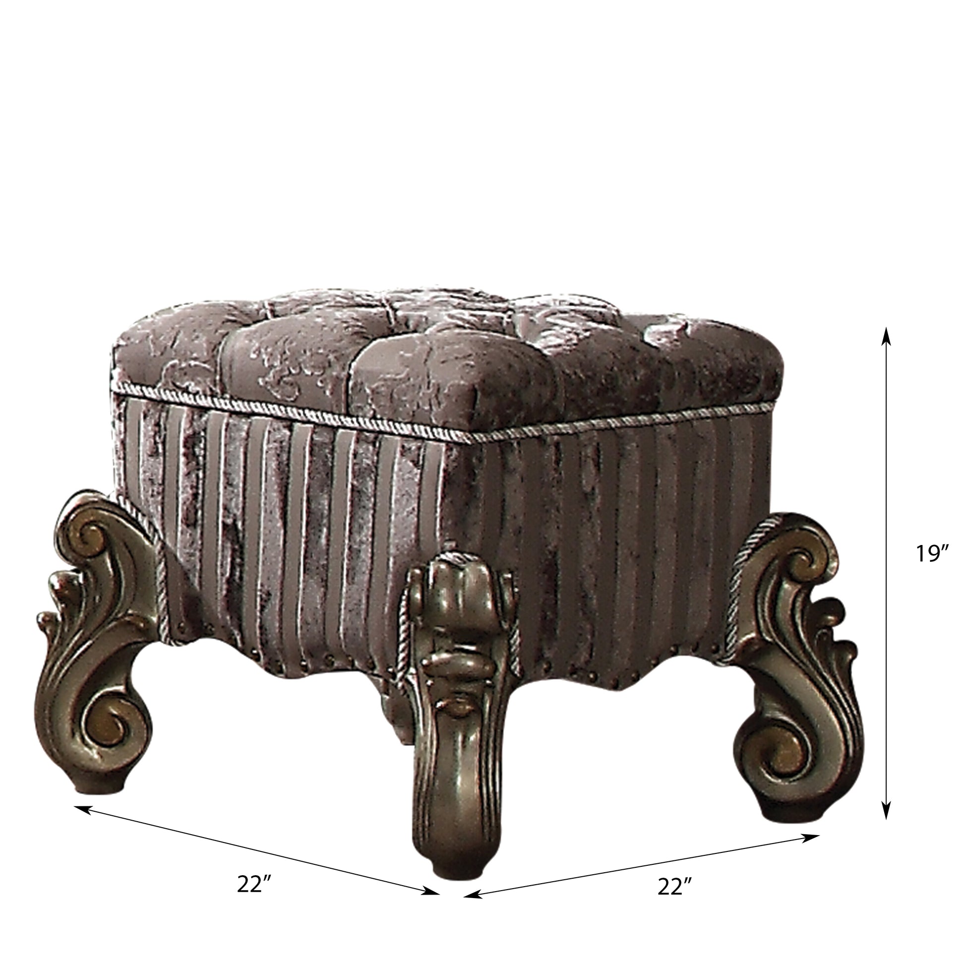 Ornate tufted ottoman with plush fabric and carved antique bronze legs  x  x