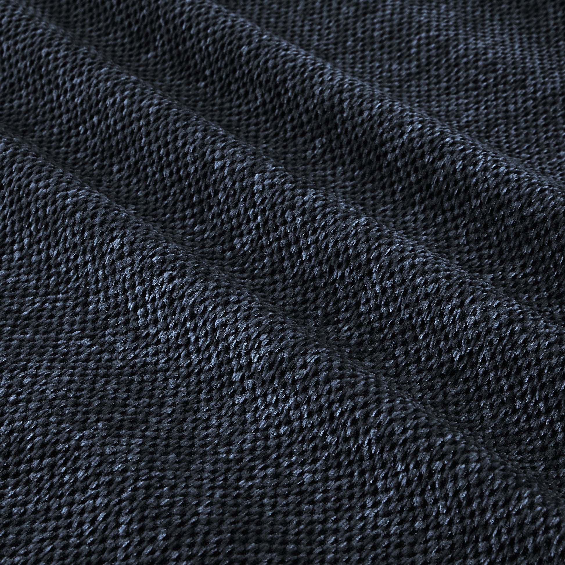Dark navy textured chenille fabric with subtle sheen perfect for upholstery