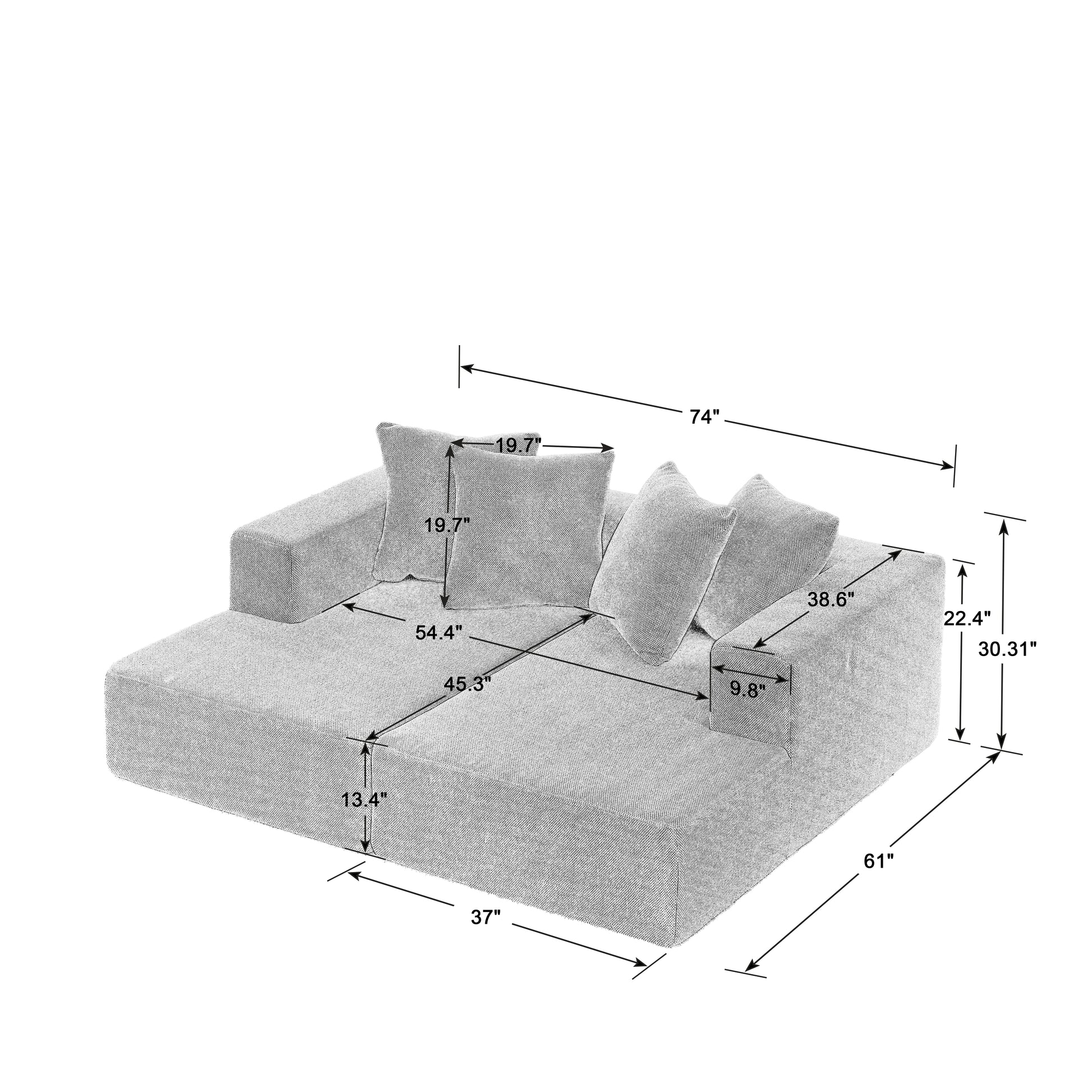 Gray linen sectional sofa with measurements