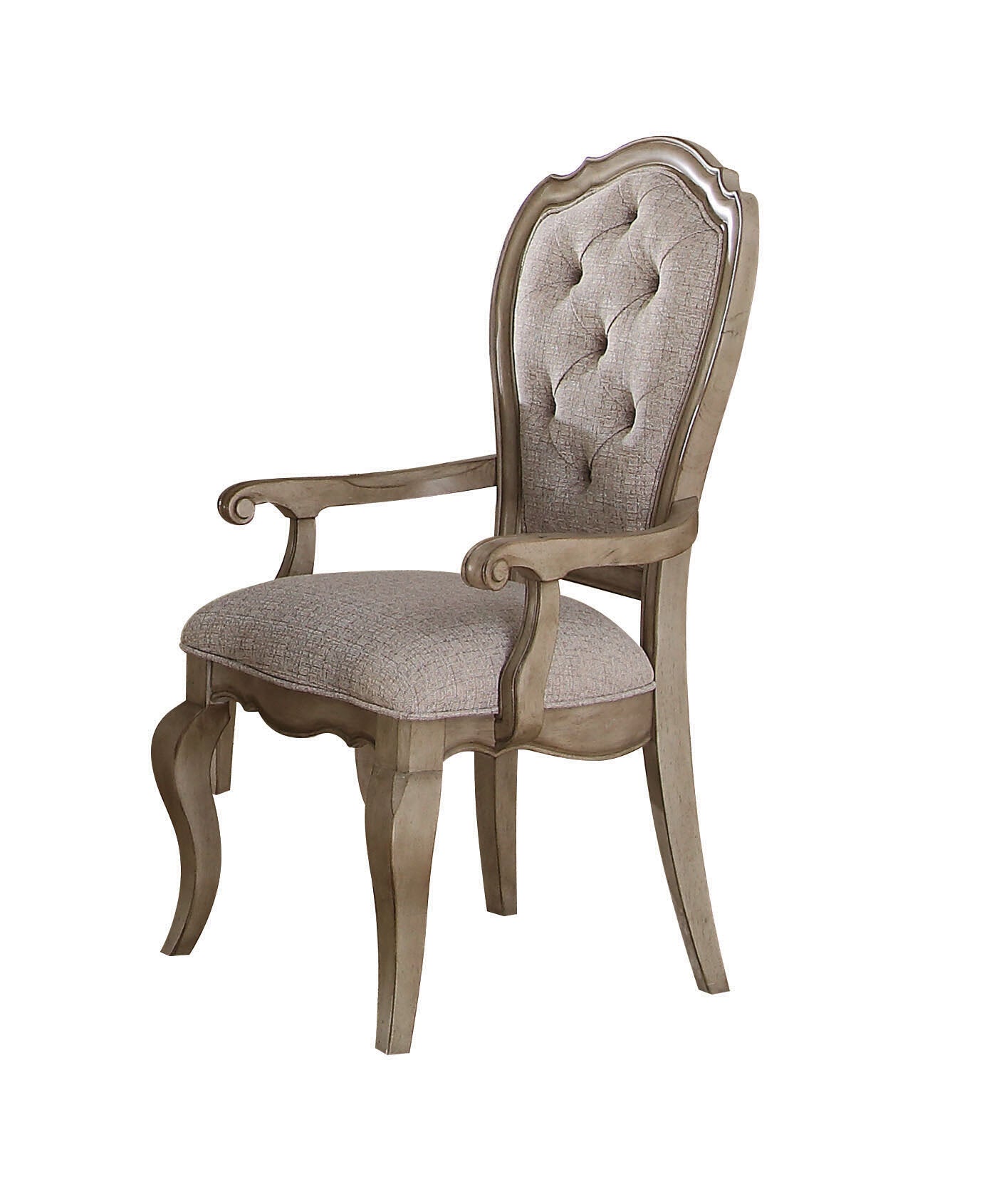 Classic armchair with tufted linen back and carved wood frame