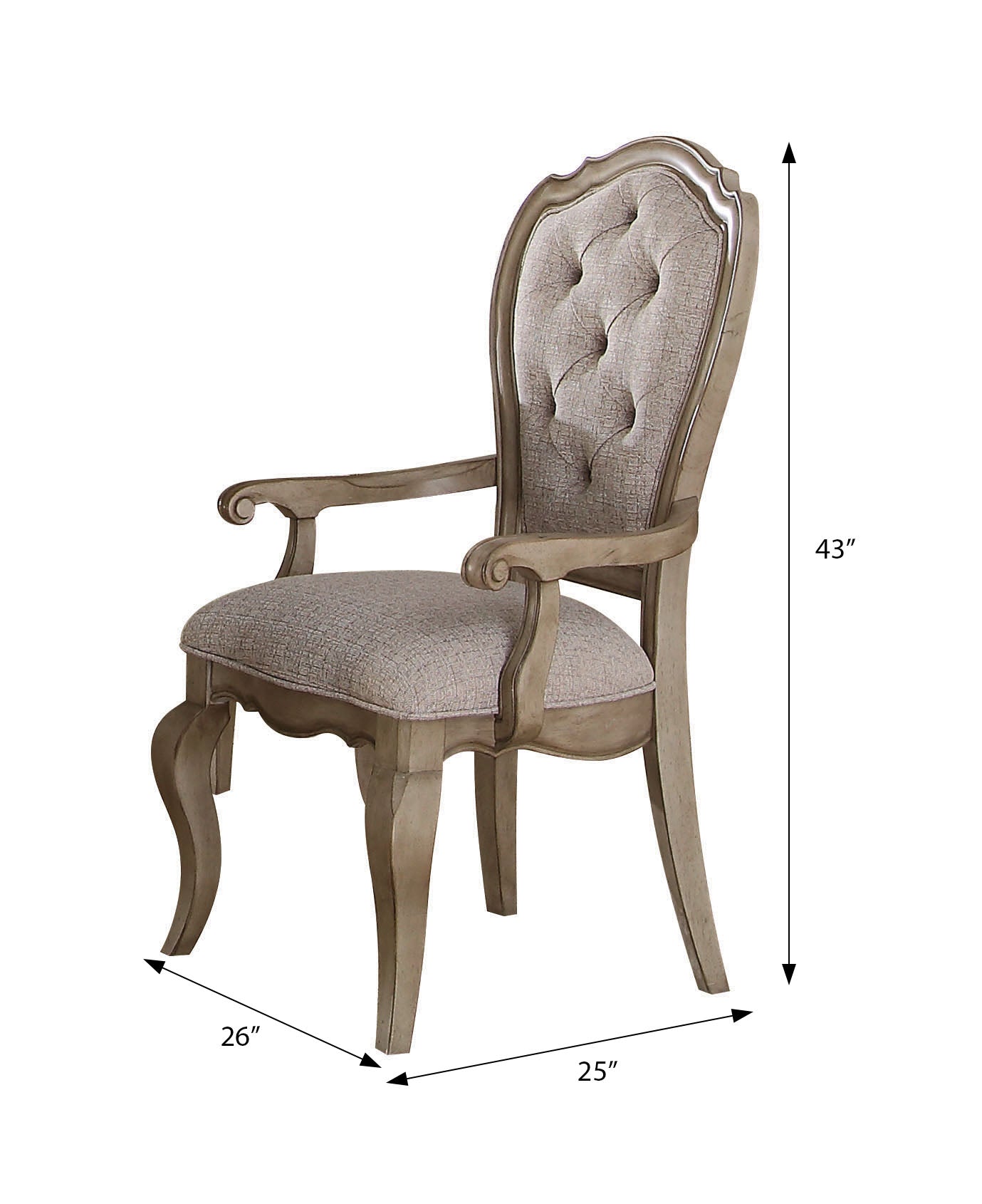 Tufted grey upholstered arm chair with a distressed wood frame and curved legs