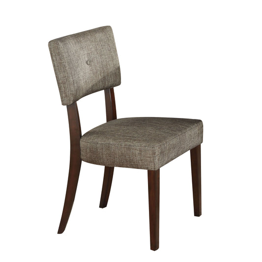 Textured grey upholstered accent chair with dark wood legs