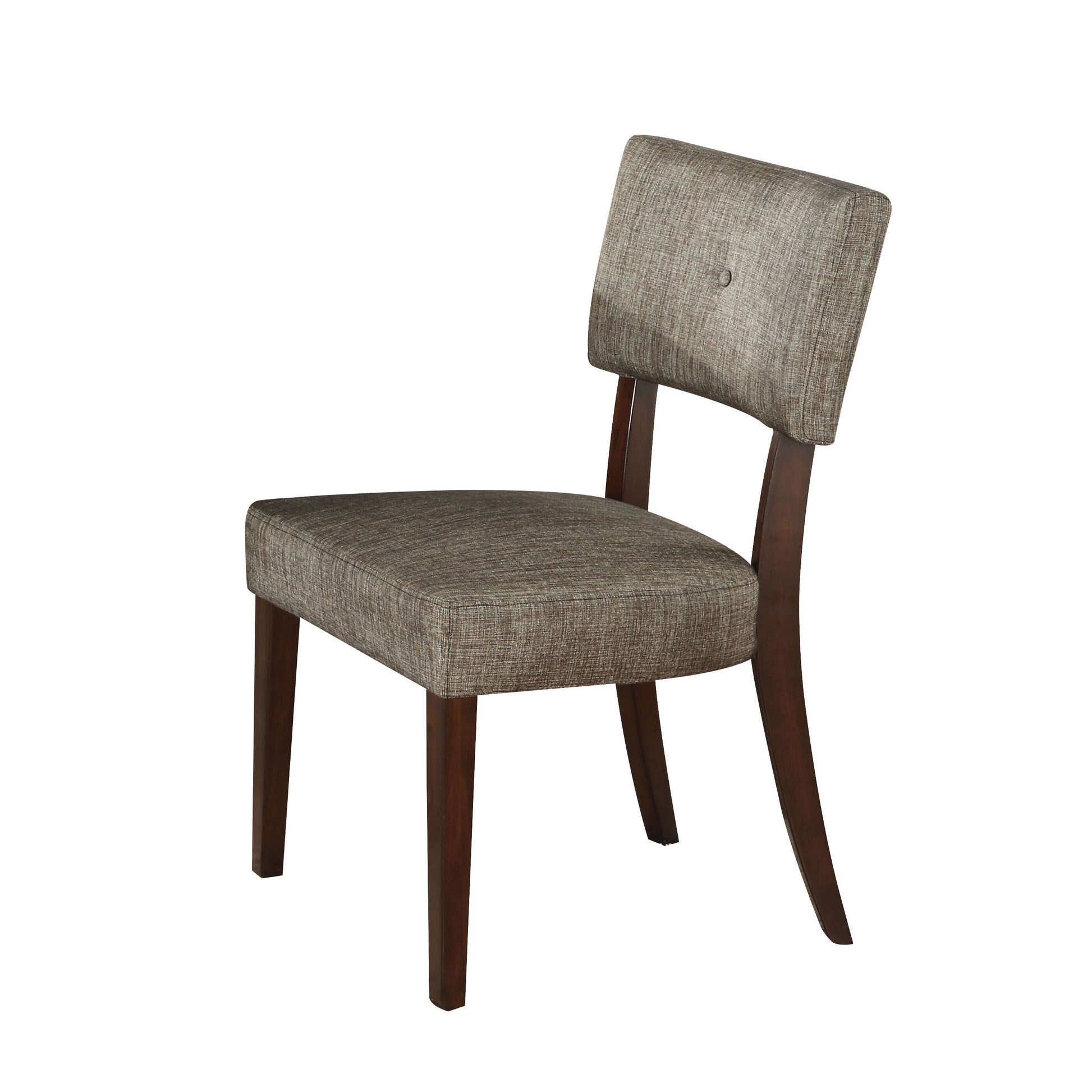 Modern dining chair with textured grey upholstery and dark wood legs