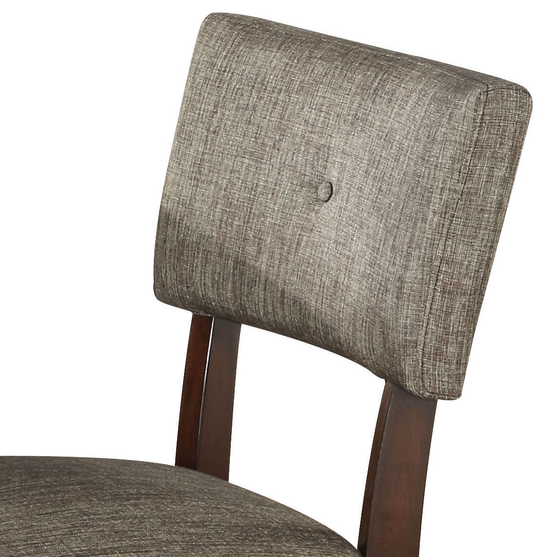 Tufted brown fabric chair back with wooden frame detail