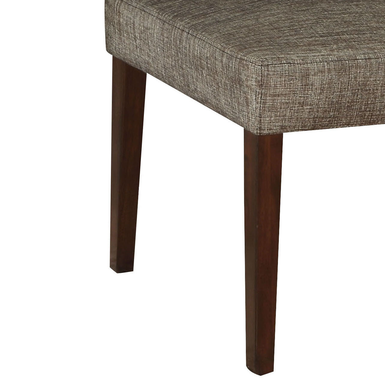 Upholstered dining chair with textured grey fabric seat and dark wood legs