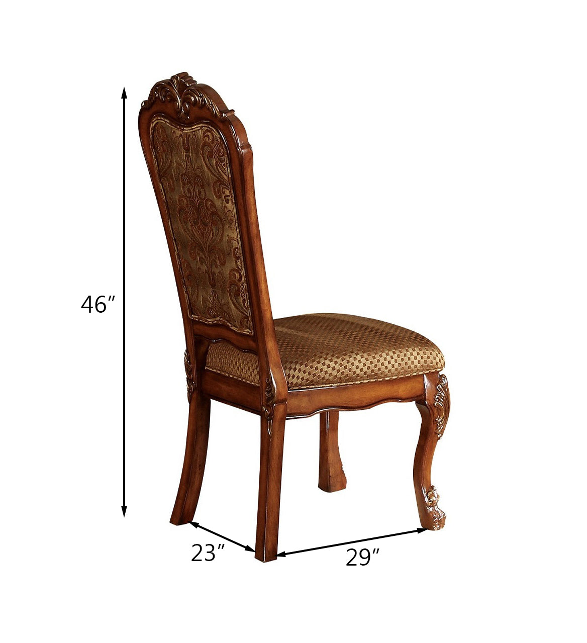 Ornate carved wooden dining chair with upholstered damask back and seat