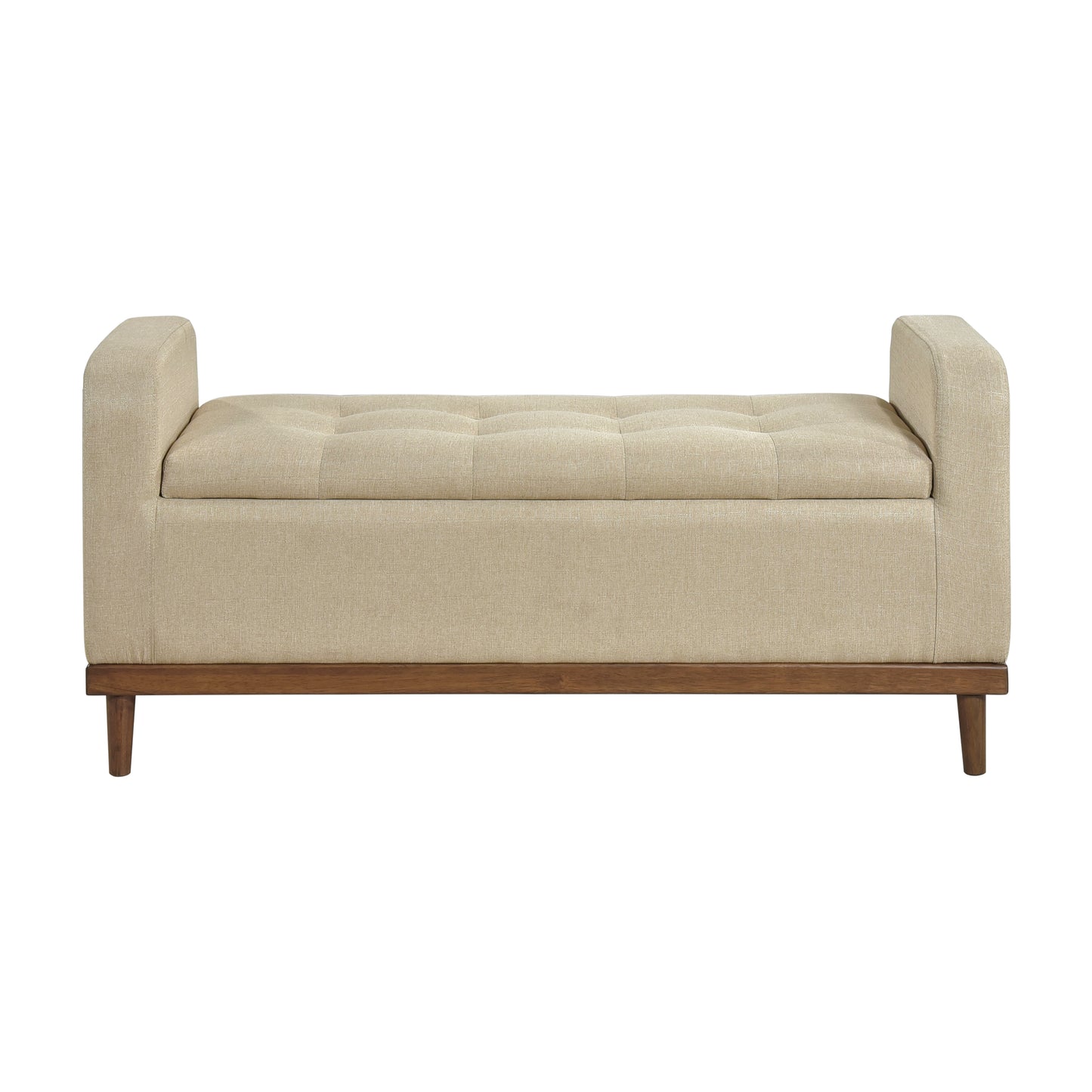 Tufted beige linen storage bench with dark wood legs and frame