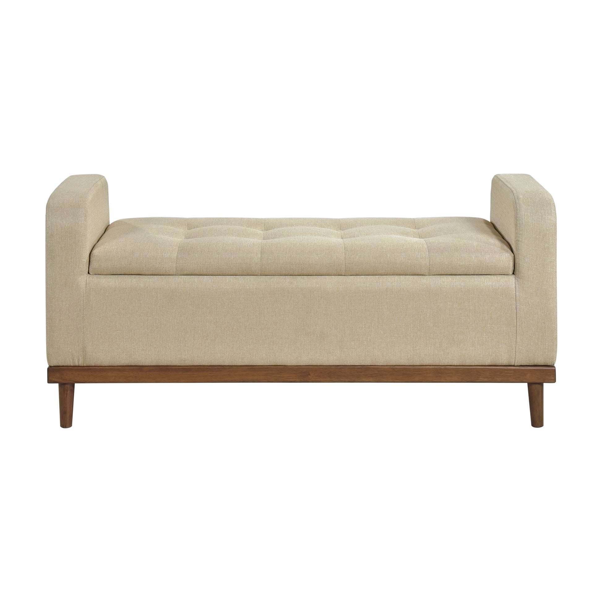 Tufted beige linen storage bench with dark wood legs and frame