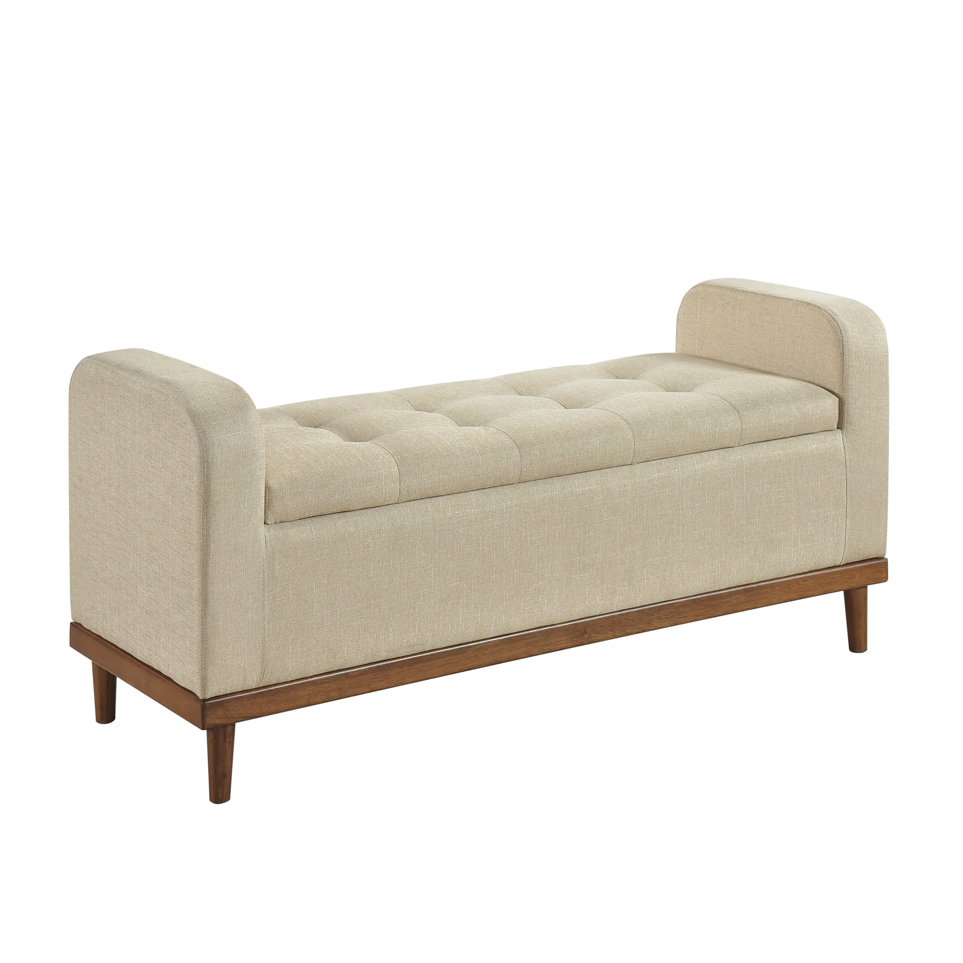 Beige tufted storage bench with wooden legs and a curved armrest