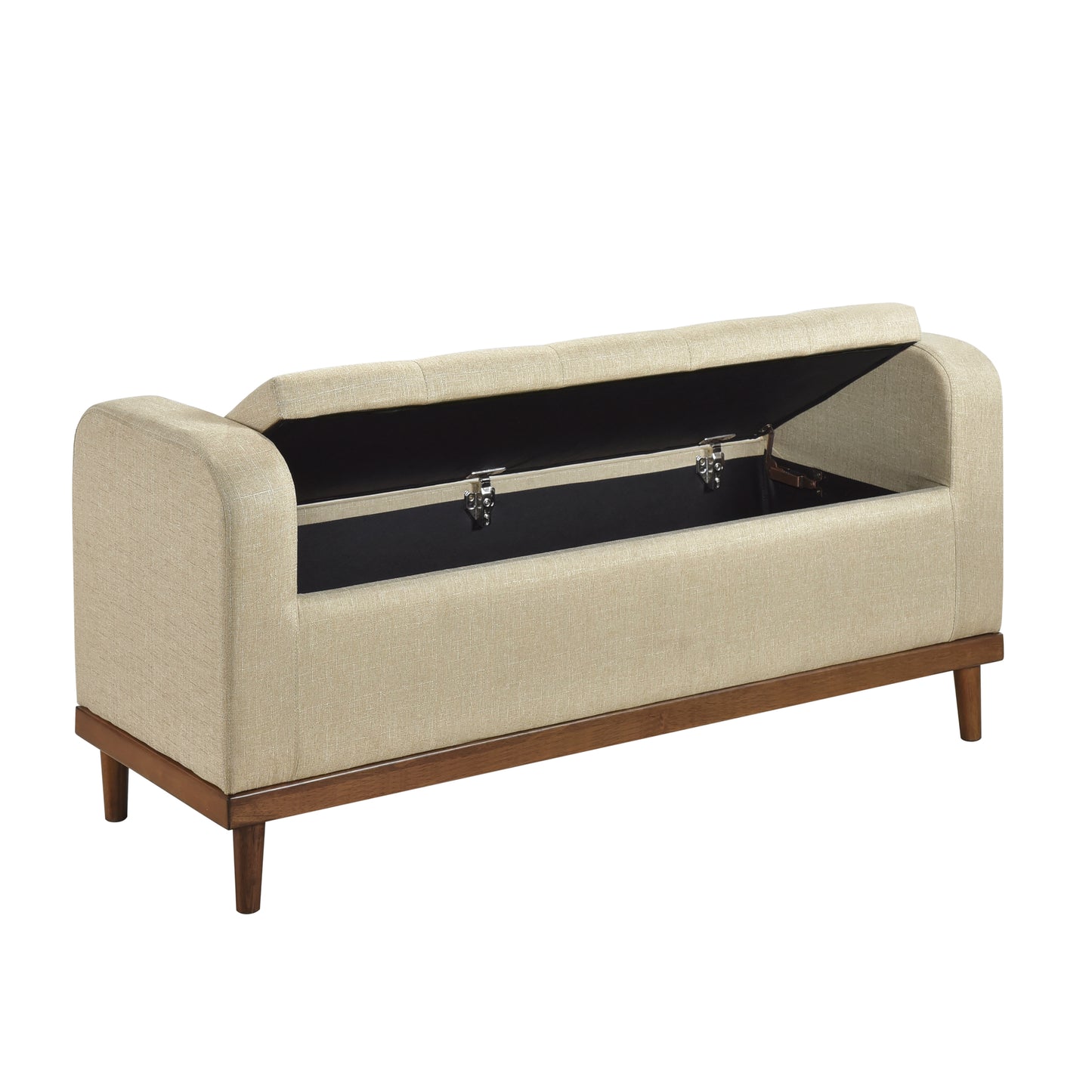 Beige linen storage bench with open lid revealing dark interior and wooden legs