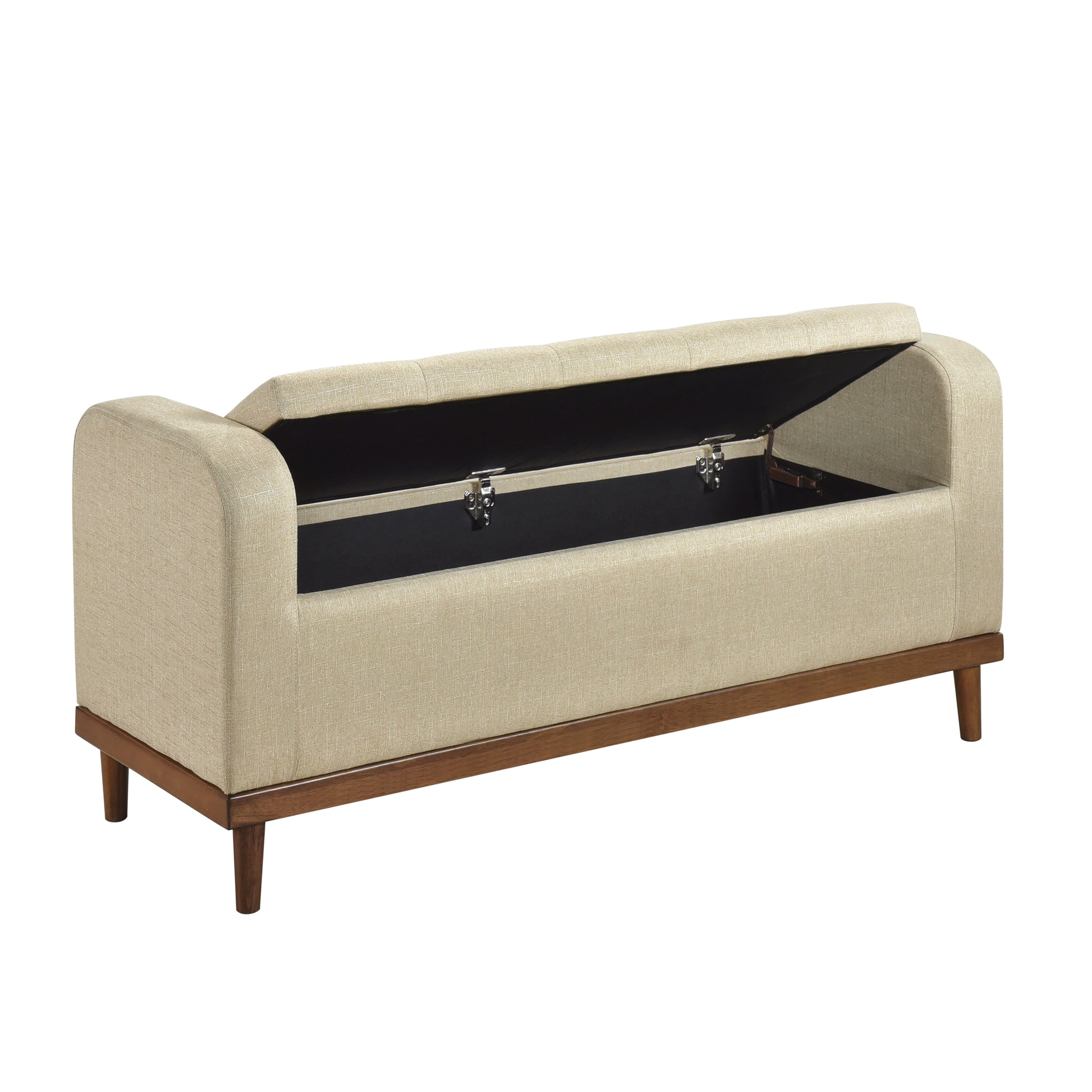 Beige linen storage bench with open lid revealing dark interior and wooden legs