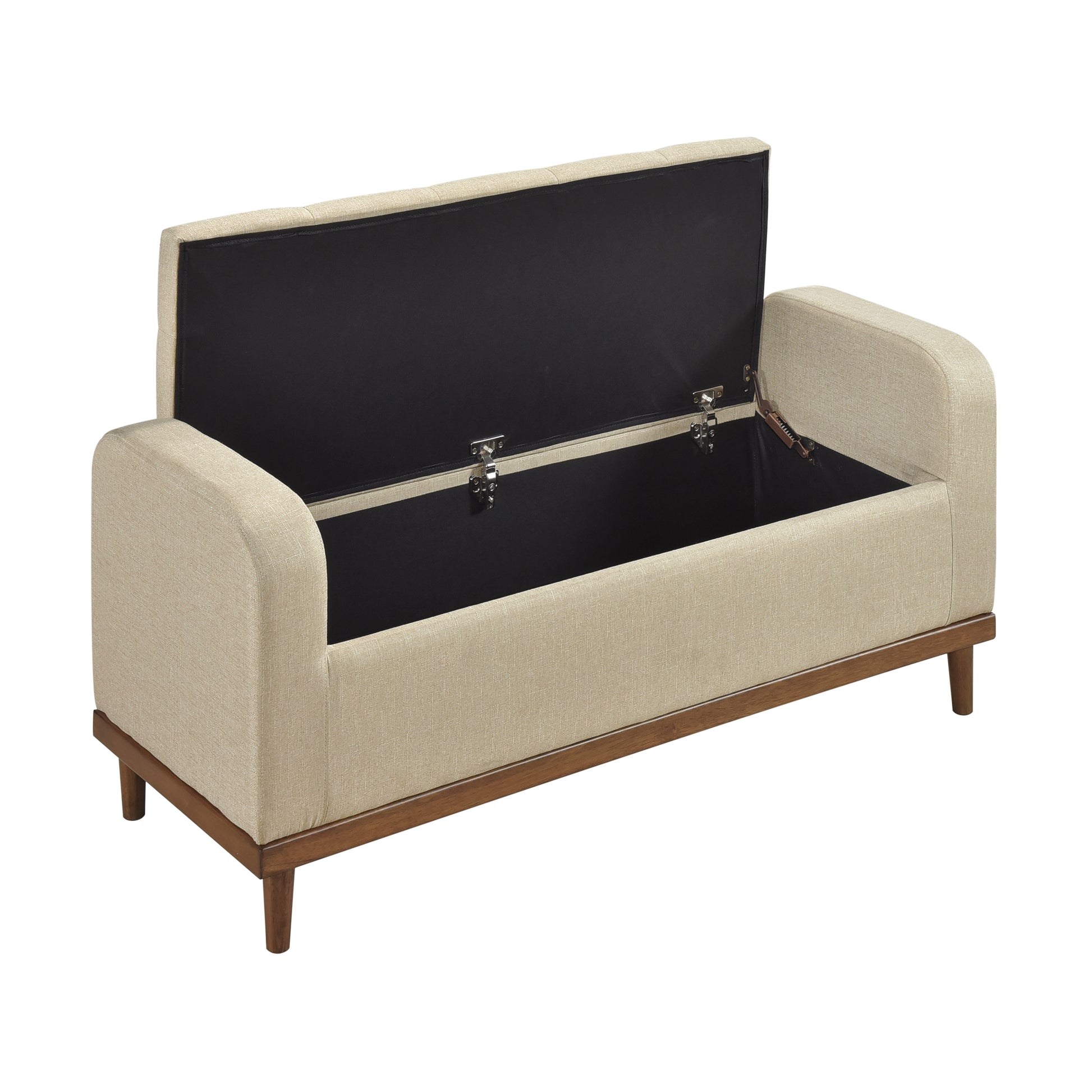 Beige linen upholstered storage bench with hinged lid open and dark interior