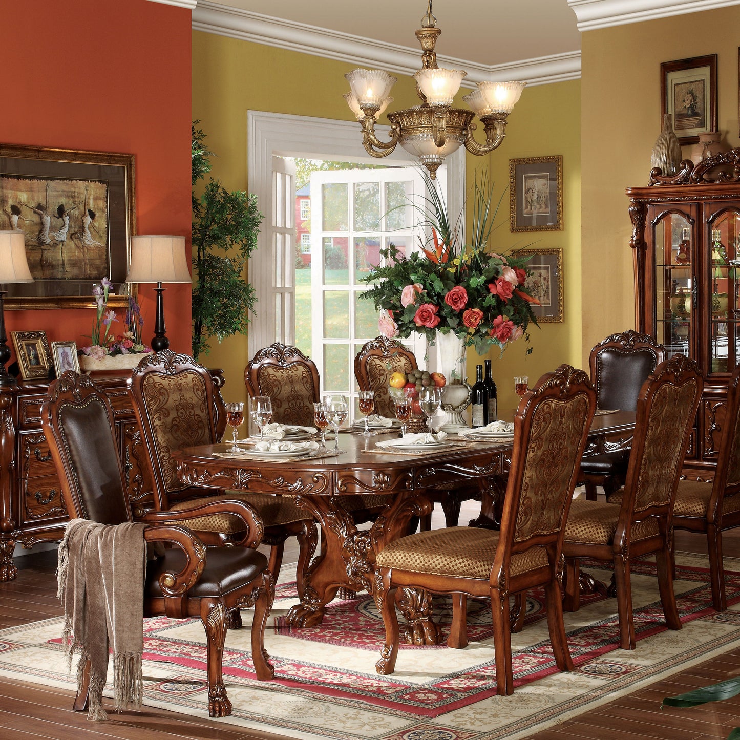 Opulent carved wood dining table and chairs set with intricate upholstery and ornate details perfect for formal dining rooms