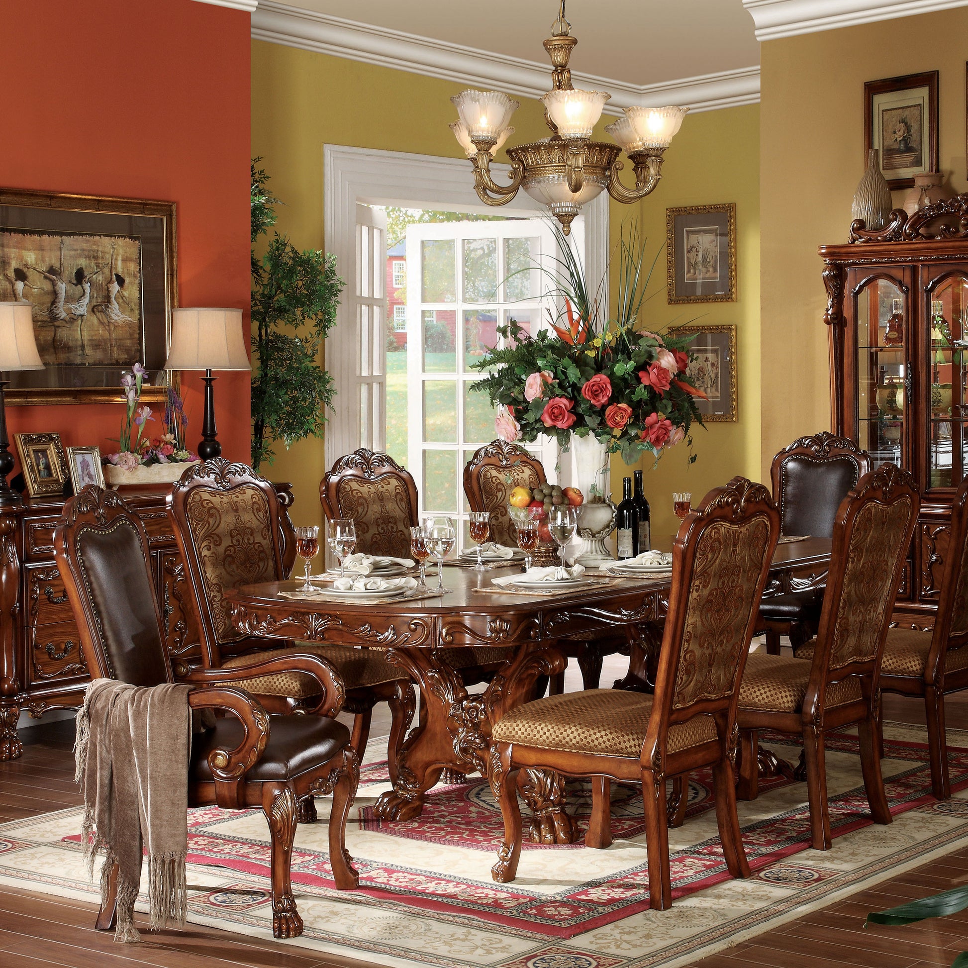Opulent carved wood dining table and chairs set with intricate upholstery and ornate details perfect for formal dining rooms