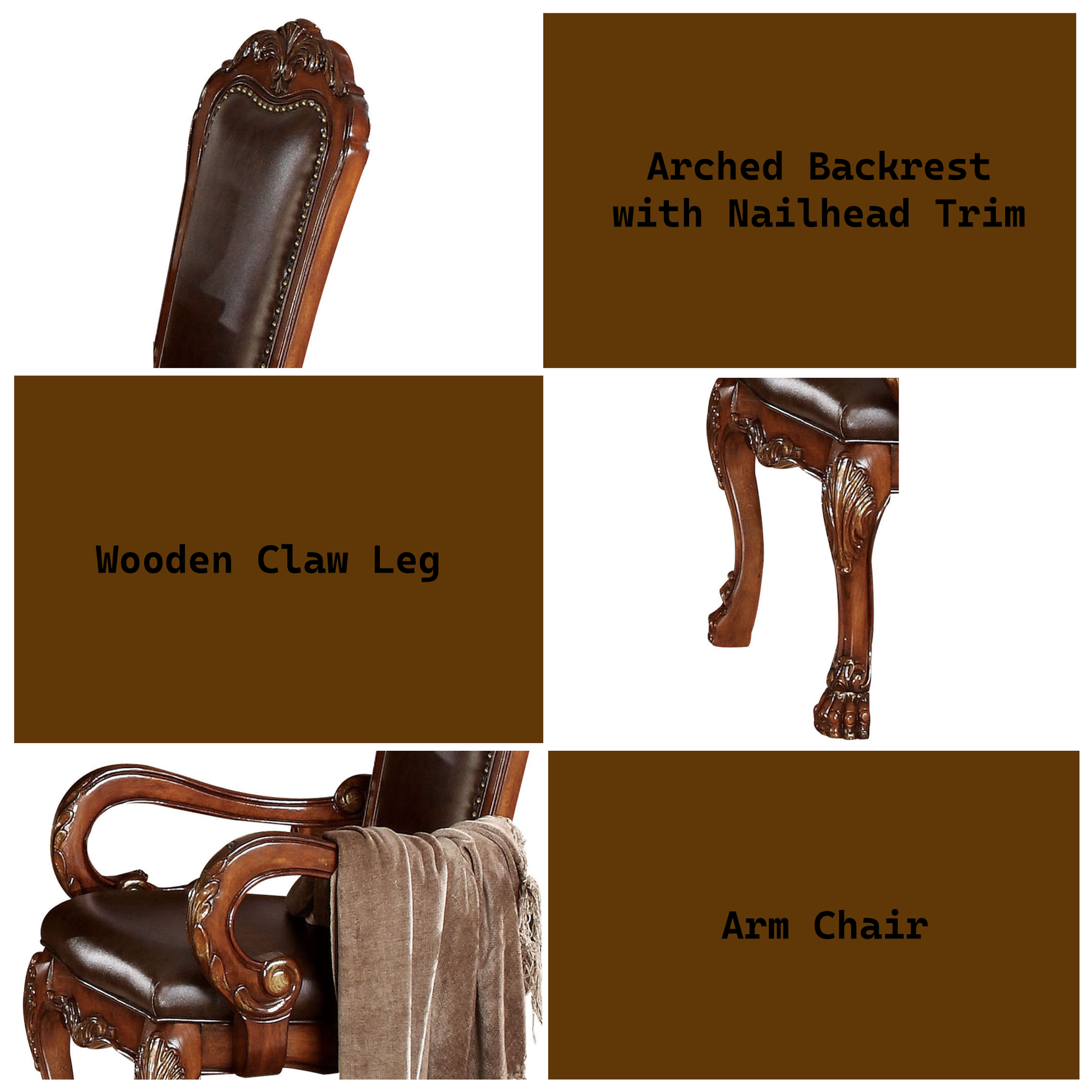 Brown leather armchair with nailhead trim and ornate wooden arms