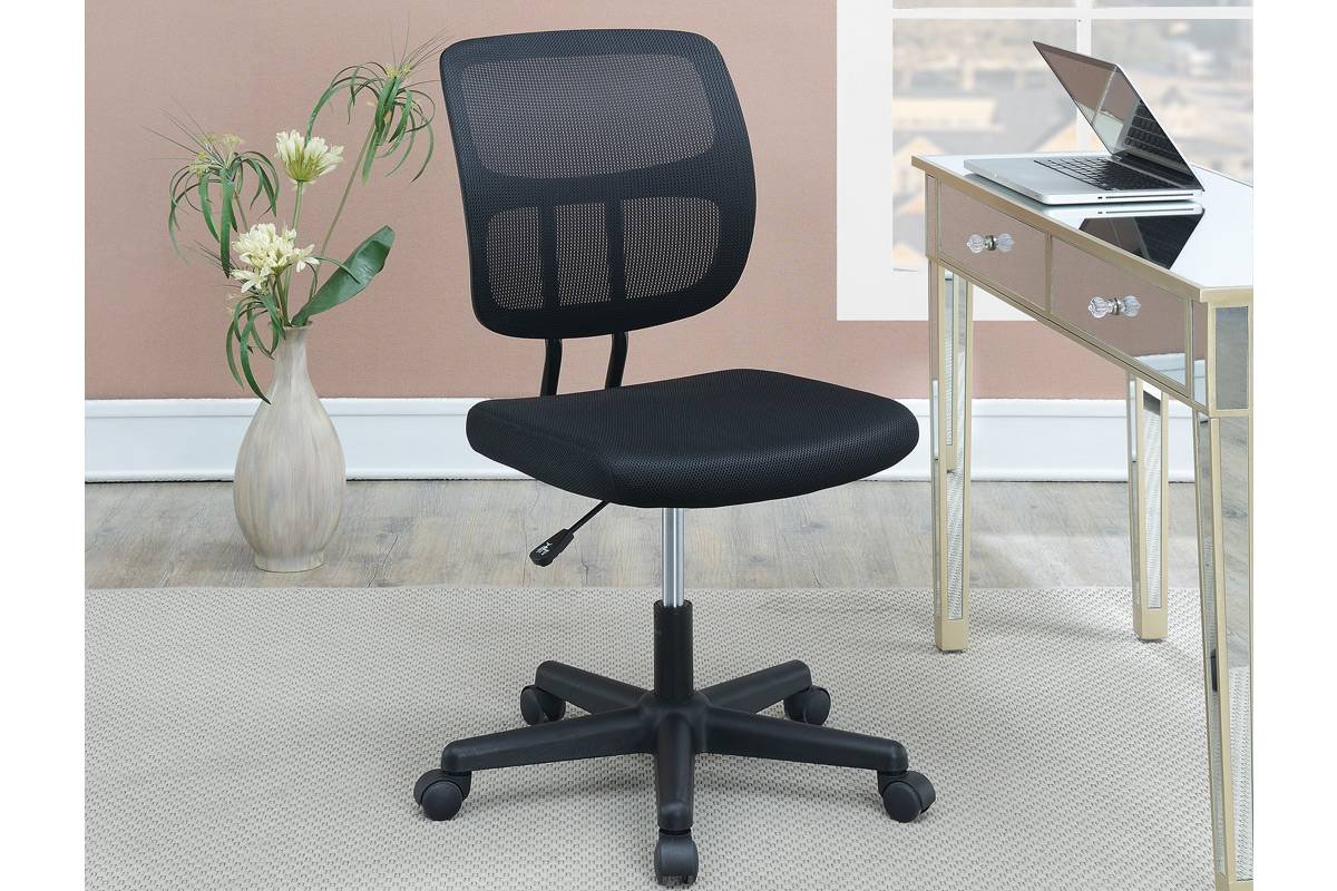 Black mesh office chair with padded seat and adjustable height