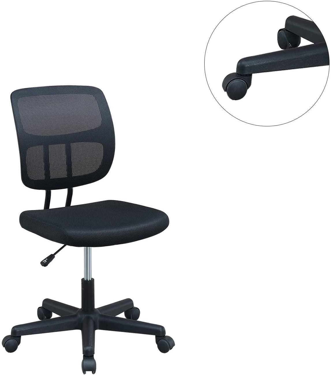 Black mesh back office chair with padded seat and fivewheel base for stability