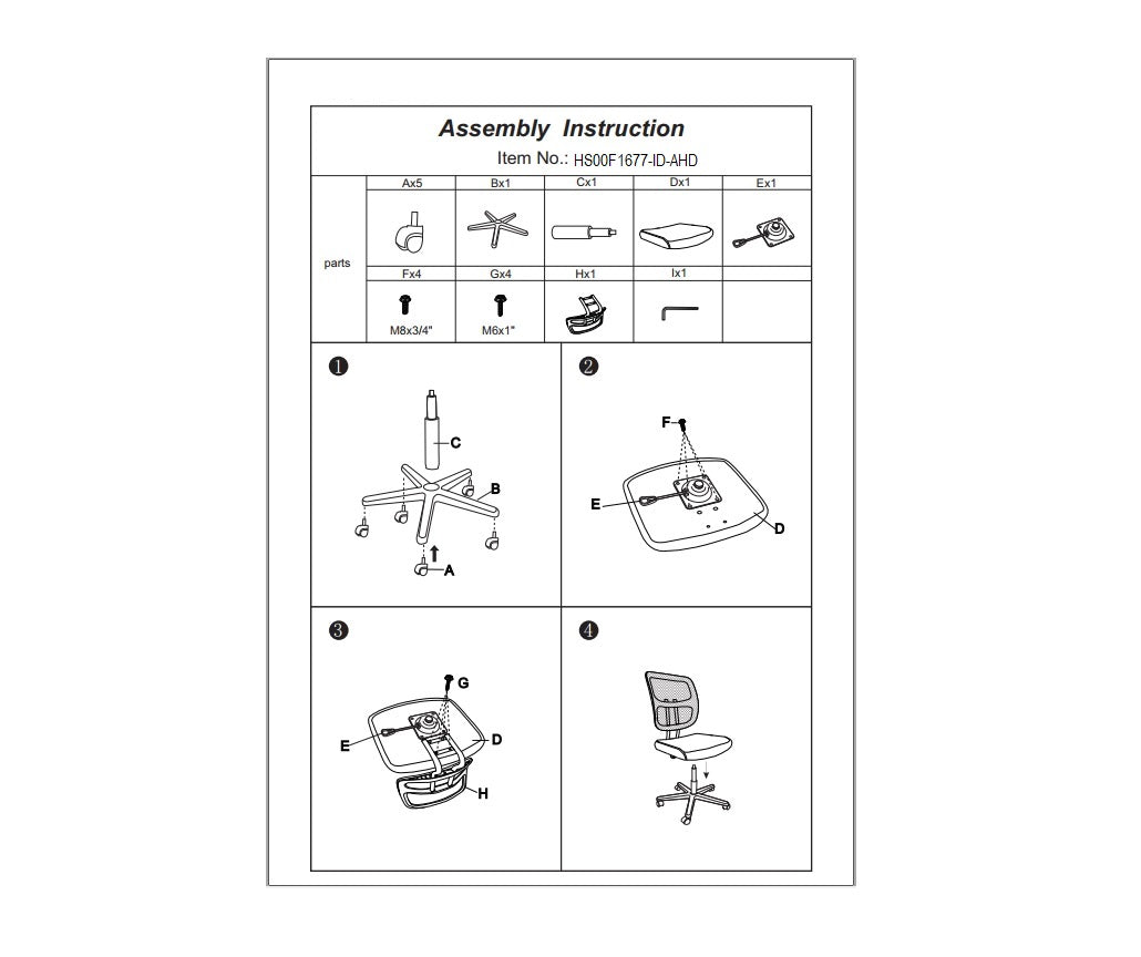 Office chair assembly diagram showing parts and stepbystep instructions