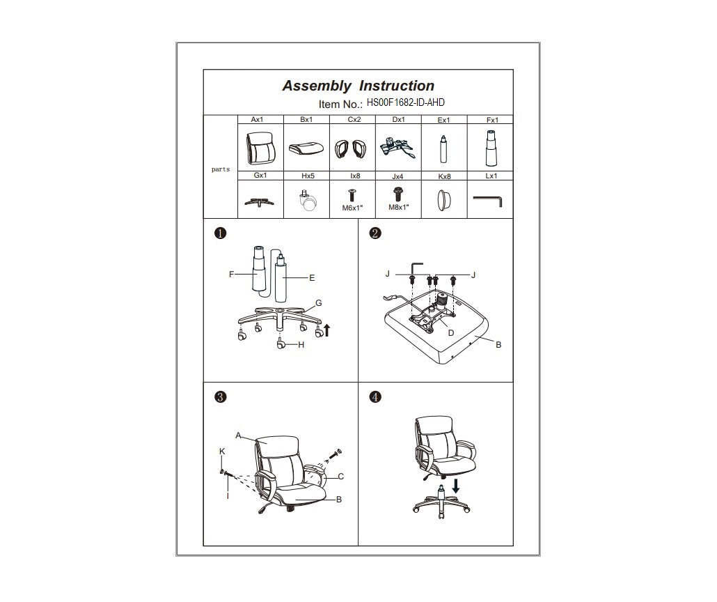 Office chair assembly instructions showing parts and stepbystep diagrams for building the chair