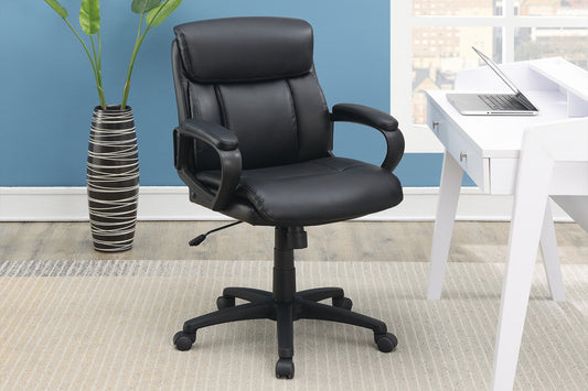 Black faux leather executive office chair with padded seat and arms
