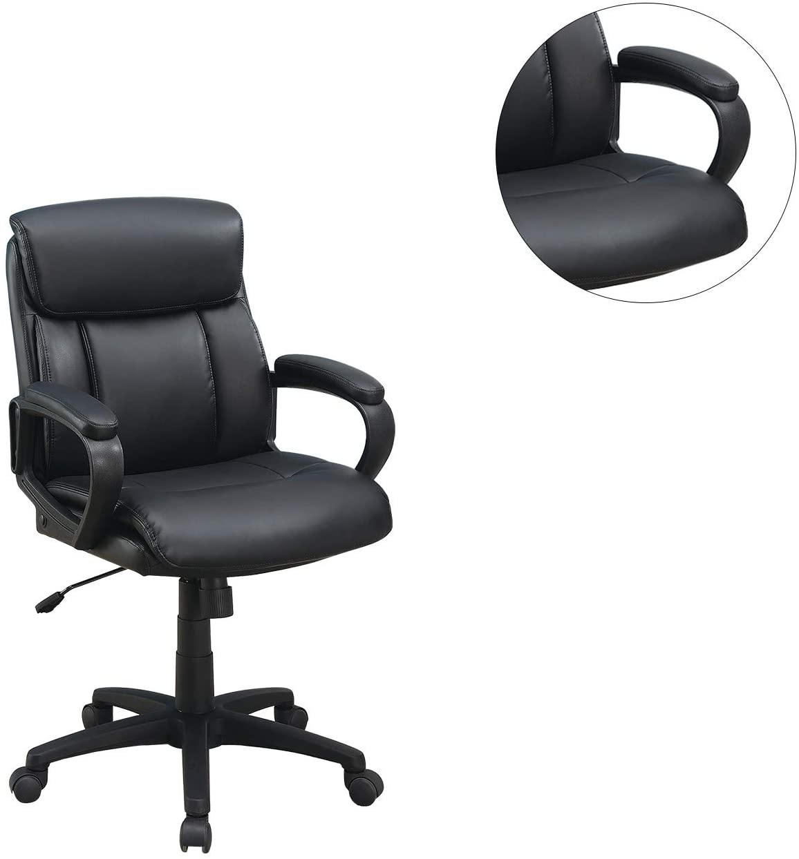 Black faux leather executive office chair with padded seat and armrests