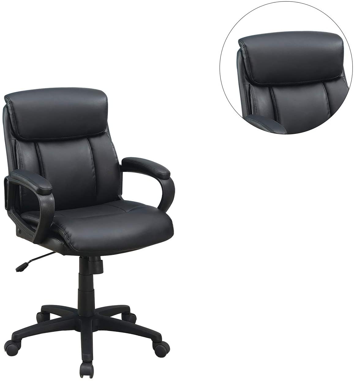 Black leather executive office chair with padded headrest and armrests