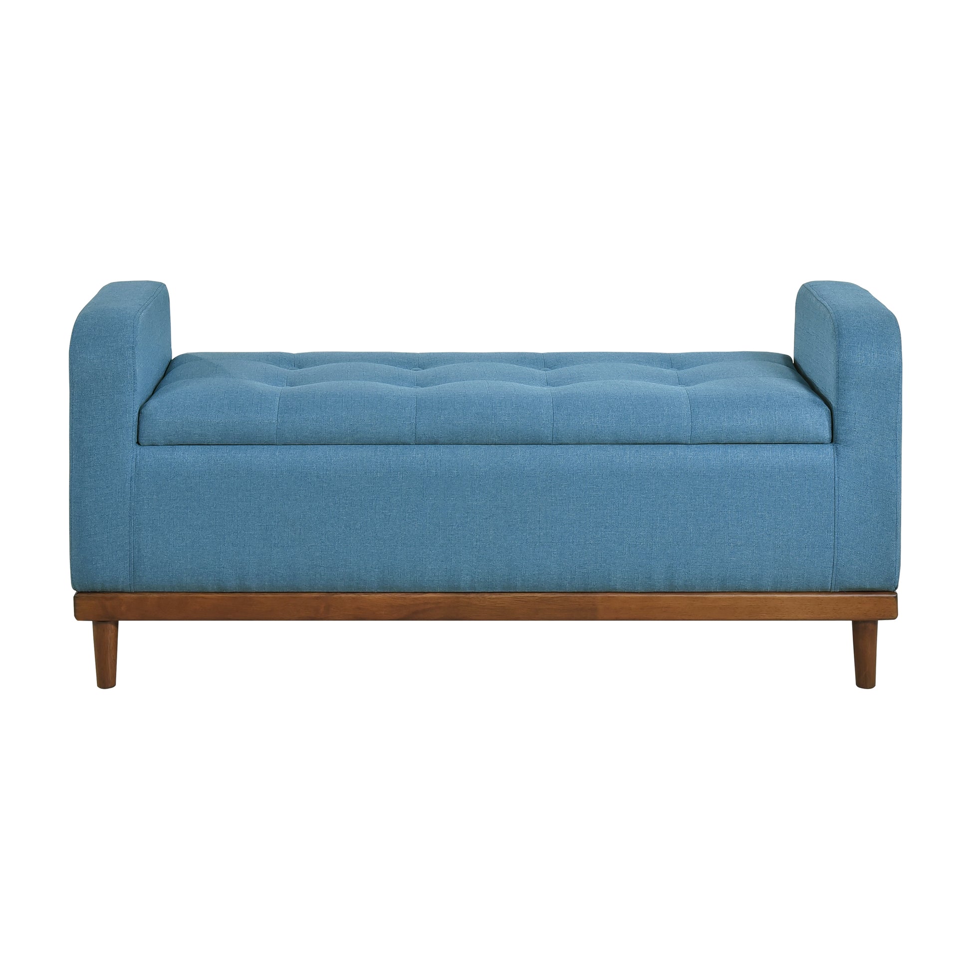 Blue upholstered storage bench with tufted seat and wooden legs