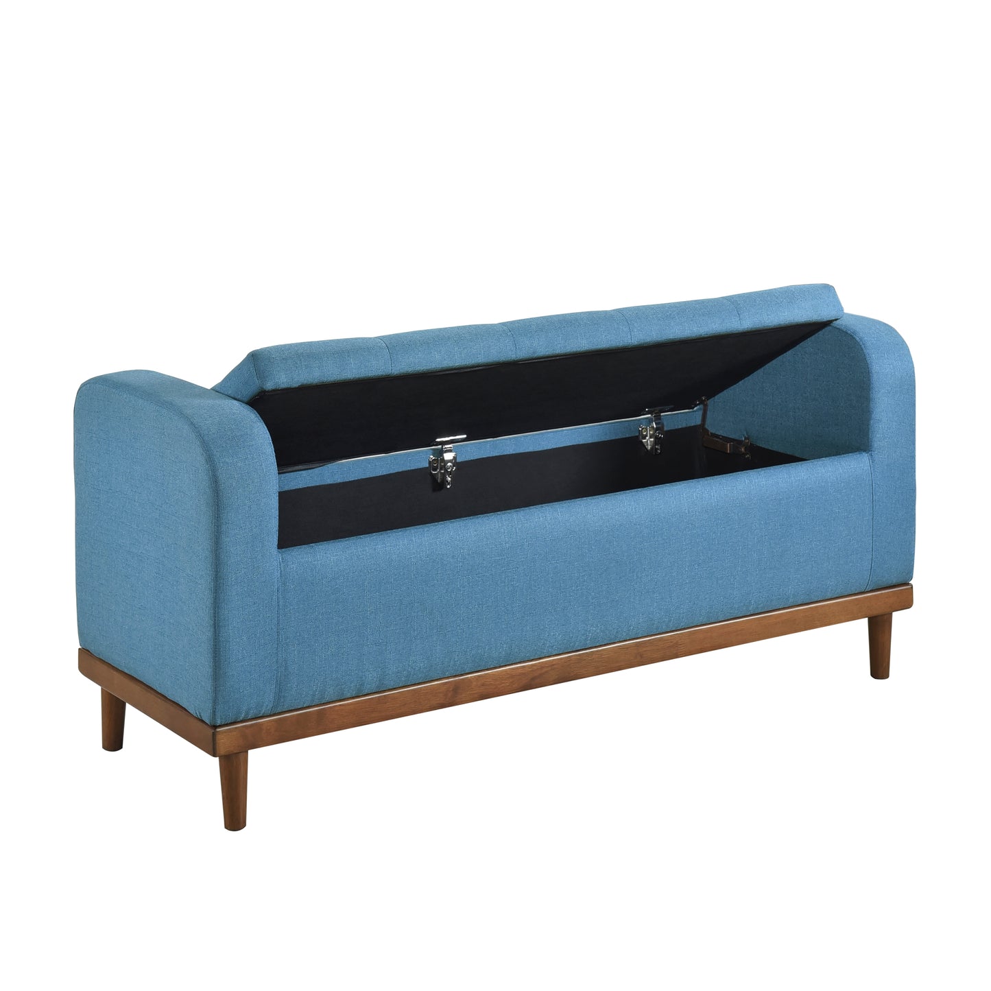 Blue upholstered storage bench with hinged lid and wooden legs perfect for entryway organization