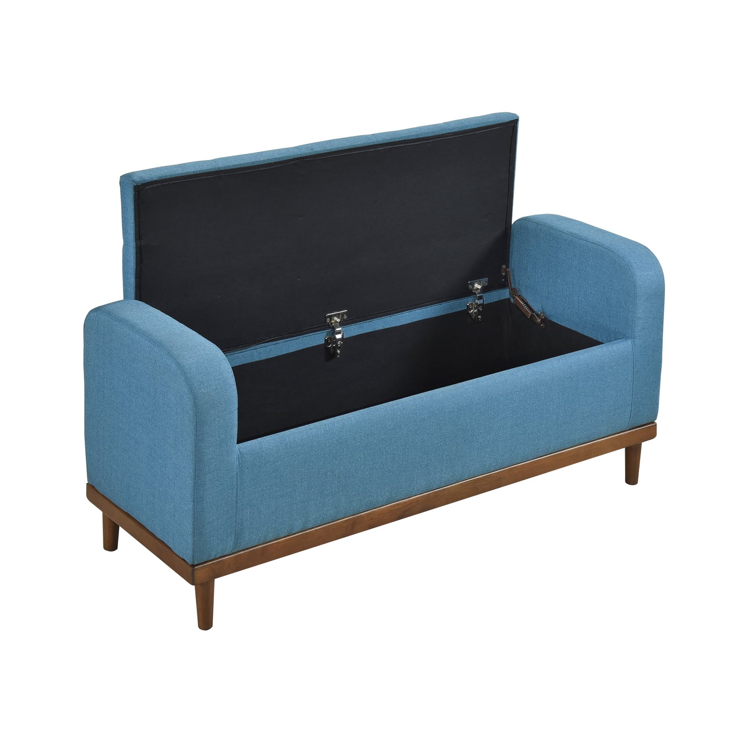 Blue upholstered storage bench with hinged lid open